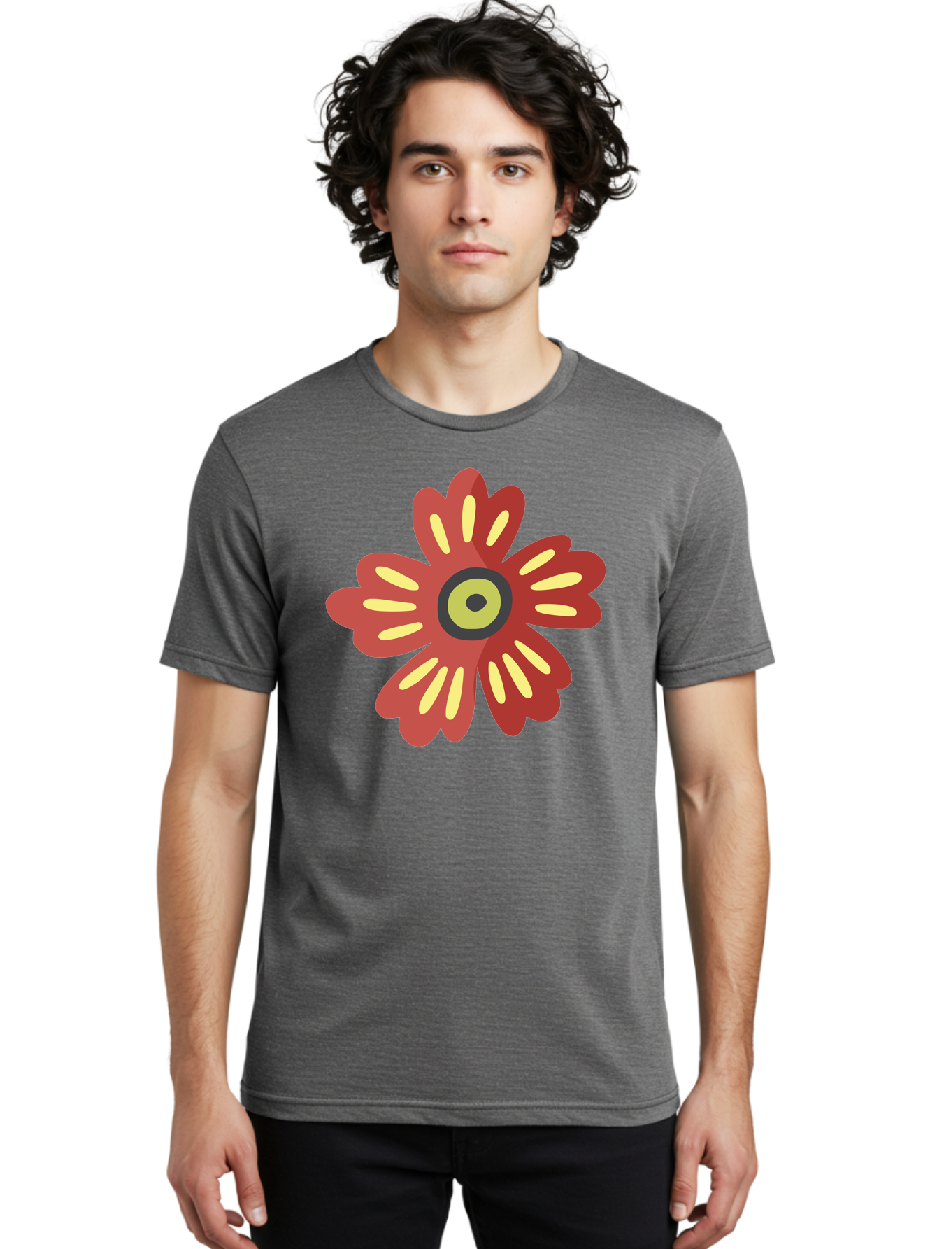 Red-Flower-2 Men'S Graphic Tee, 100% Cotton, Comfortable Casual Summer Wear, Machine Washable, Red Flower Illustration, Yellow And Black Center, Floral Design, Abstract Flower, Graphic Art, Modern Illustration, Simple Shapes, Bold Colors, Aad743 24