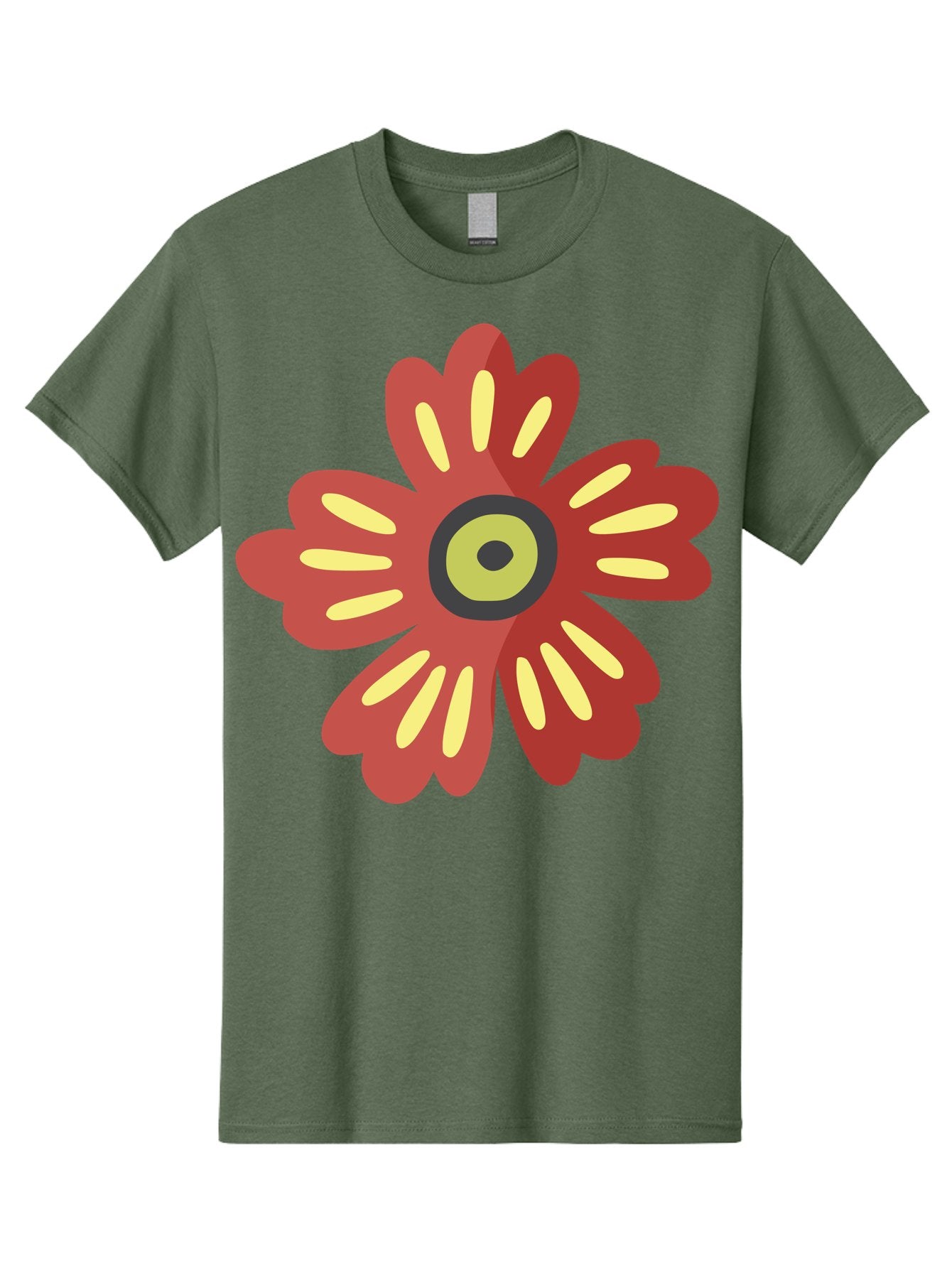 Red-Flower-2 Men'S Graphic Tee, 100% Cotton, Comfortable Casual Summer Wear, Machine Washable, Red Flower Illustration, Yellow And Black Center, Floral Design, Abstract Flower, Graphic Art, Modern Illustration, Simple Shapes, Bold Colors, Aad743