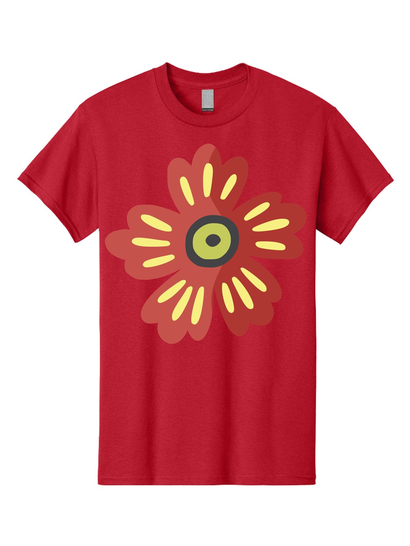 Red-Flower-2 Men'S Graphic Tee, 100% Cotton, Comfortable Casual Summer Wear, Machine Washable, Red Flower Illustration, Yellow And Black Center, Floral Design, Abstract Flower, Graphic Art, Modern Illustration, Simple Shapes, Bold Colors, Aad743 5
