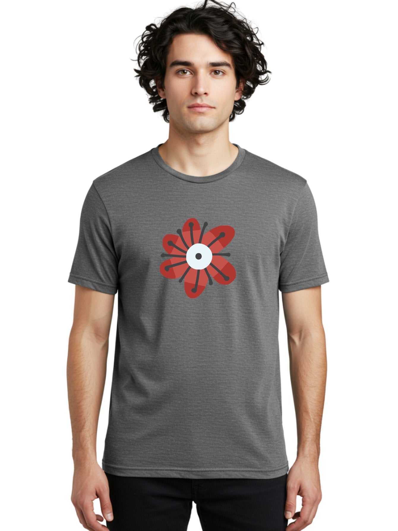 Red-Flower Men'S Graphic Tee, 100% Cotton, Comfortable Casual Summer Wear, Machine Washable, Red Flower, Modern Design, Abstract Art, Floral Pattern, Geometric Shapes, Black Stamens, White Center, Digital Illustration, Creative Graphics Aad744 17