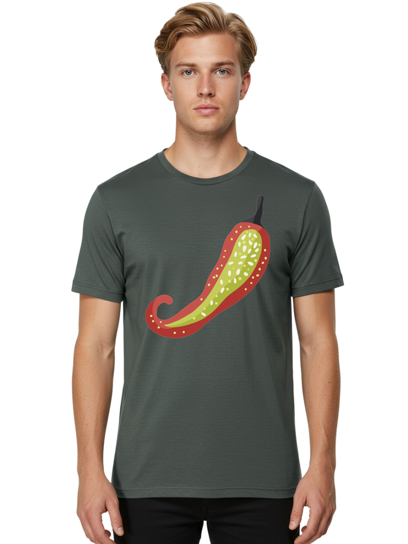 Red-Pepper Men'S Graphic Tee, 100% Cotton, Comfortable Casual Summer Wear, Machine Washable, Red Chili Pepper, Cutaway View, Seeds Inside, Spicy Food, Hot Pepper, Culinary Ingredient, Vibrant Red Color, Illustration Art Aad748 8