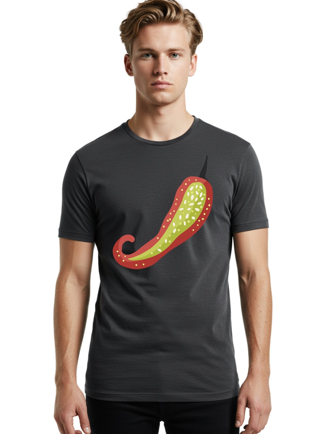 Red-Pepper Men'S Graphic Tee, 100% Cotton, Comfortable Casual Summer Wear, Machine Washable, Red Chili Pepper, Cutaway View, Seeds Inside, Spicy Food, Hot Pepper, Culinary Ingredient, Vibrant Red Color, Illustration Art Aad748 16