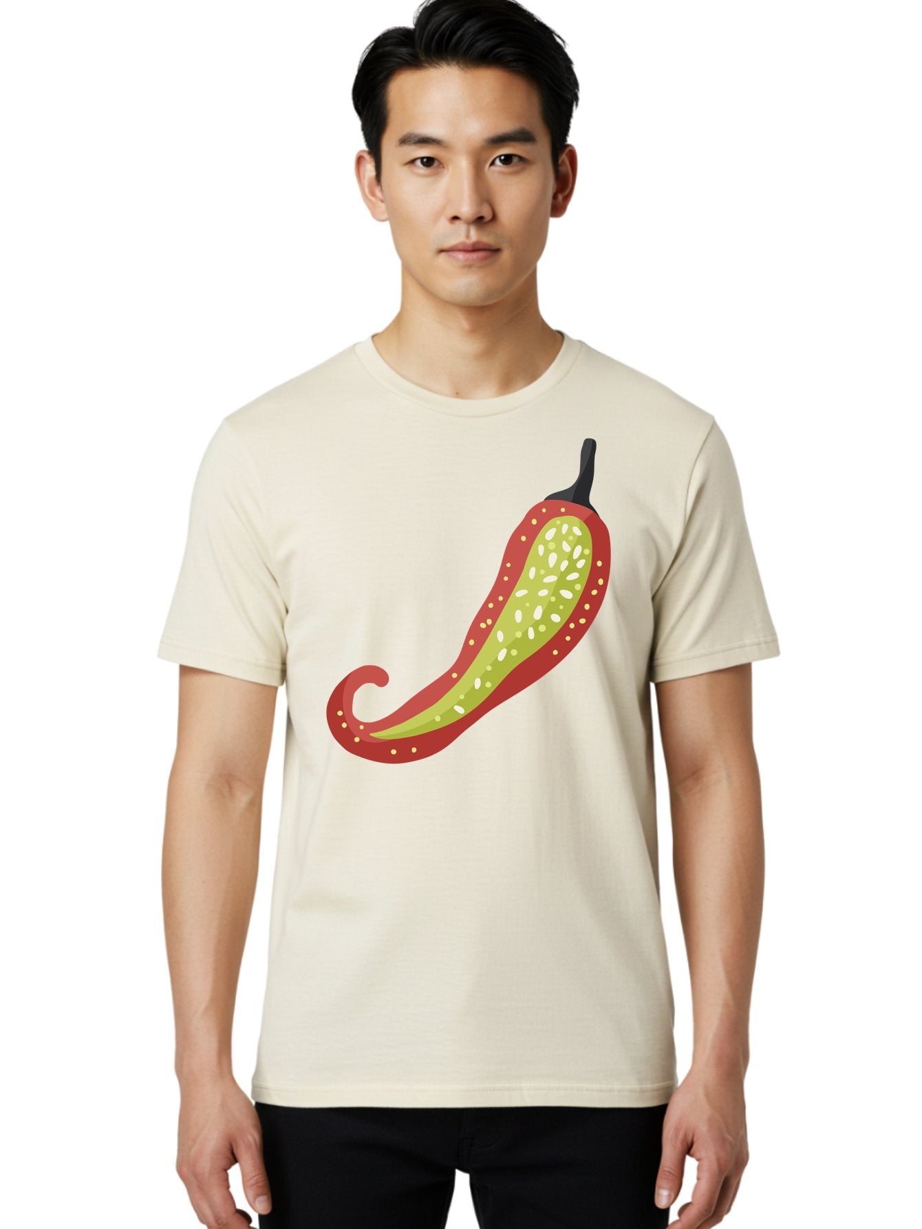 Red-Pepper Men'S Graphic Tee, 100% Cotton, Comfortable Casual Summer Wear, Machine Washable, Red Chili Pepper, Cutaway View, Seeds Inside, Spicy Food, Hot Pepper, Culinary Ingredient, Vibrant Red Color, Illustration Art Aad748 30