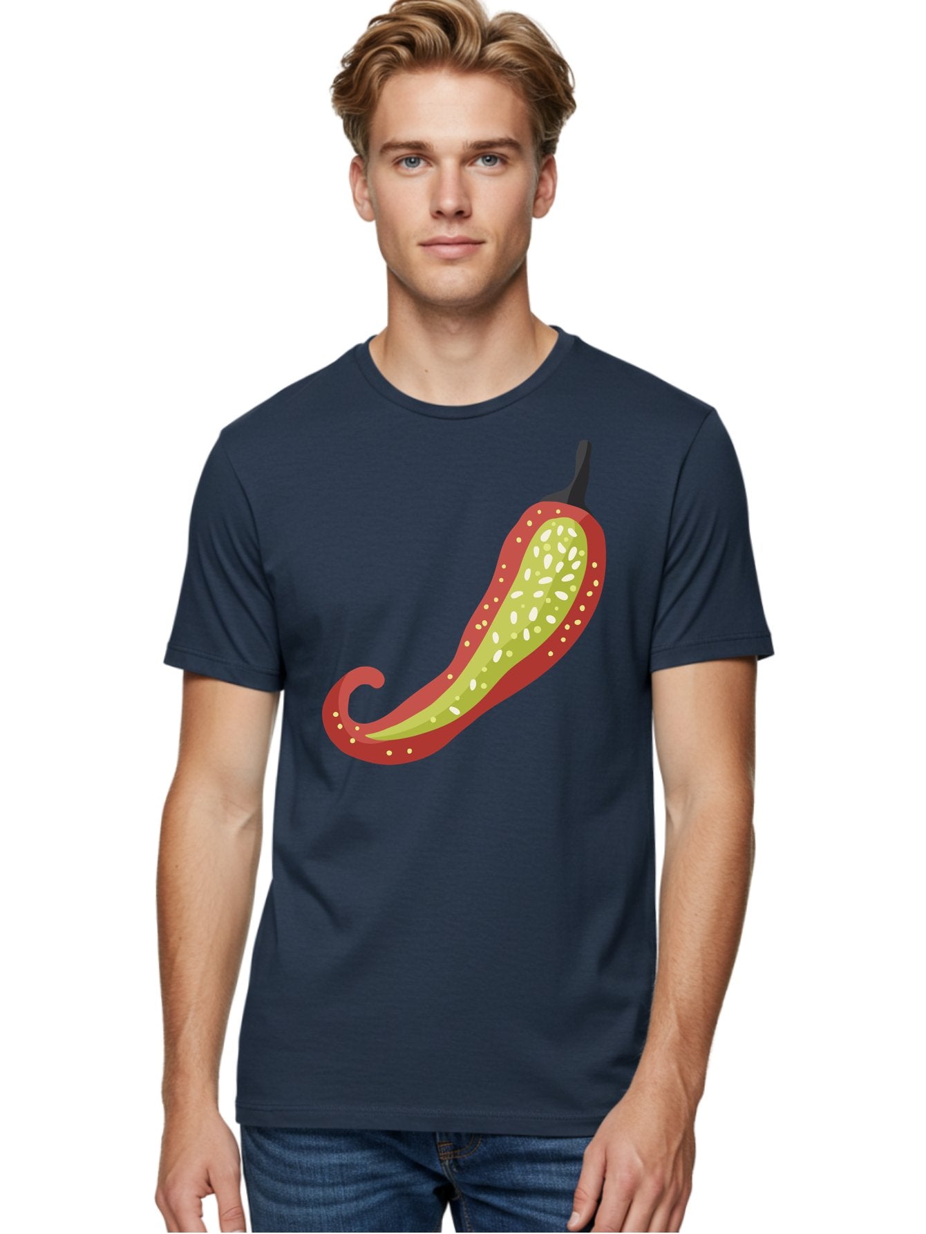 Red-Pepper Men'S Graphic Tee, 100% Cotton, Comfortable Casual Summer Wear, Machine Washable, Red Chili Pepper, Cutaway View, Seeds Inside, Spicy Food, Hot Pepper, Culinary Ingredient, Vibrant Red Color, Illustration Art Aad748 23