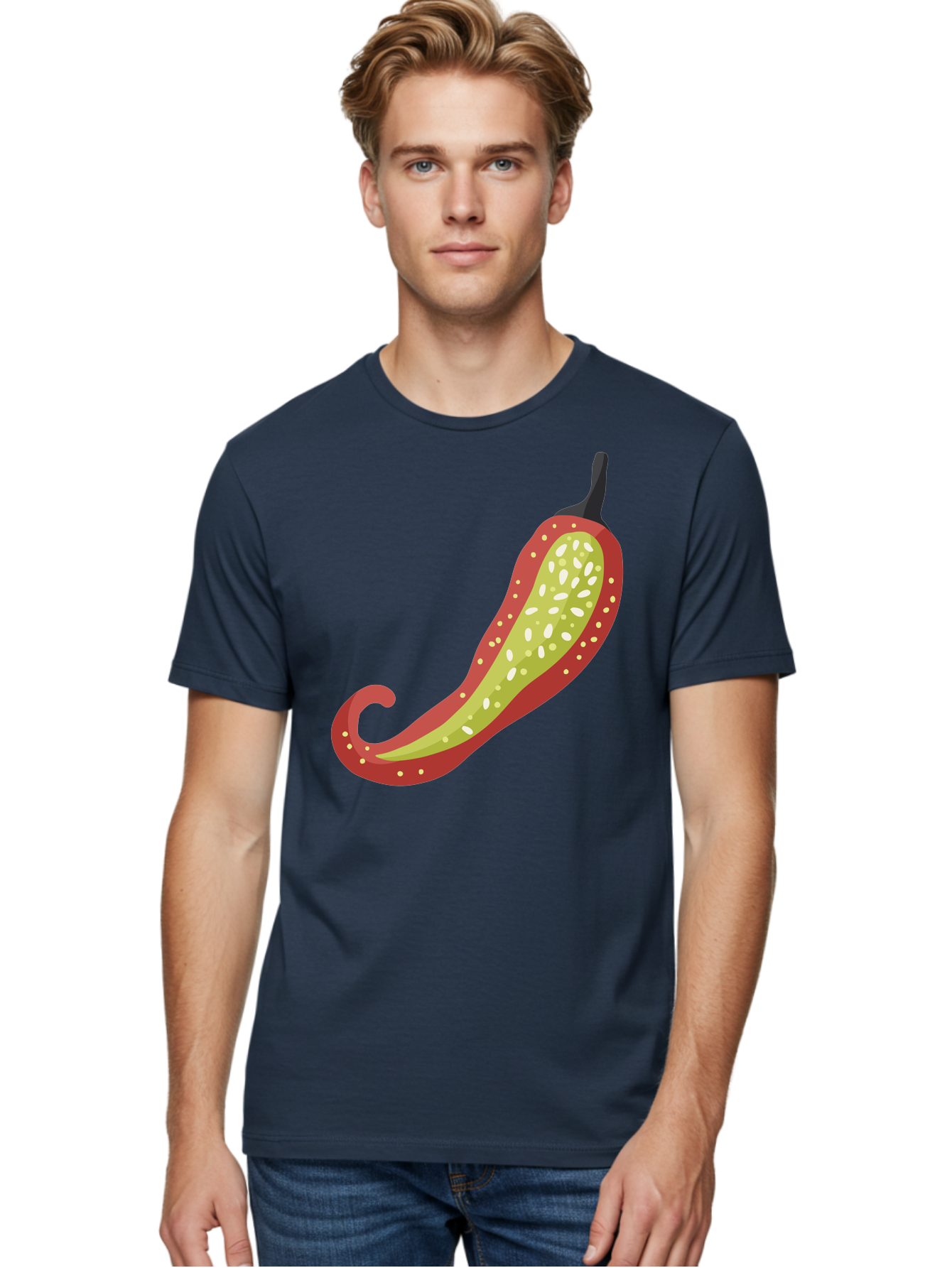 Red-Pepper Men'S Graphic Tee, 100% Cotton, Comfortable Casual Summer Wear, Machine Washable, Red Chili Pepper, Cutaway View, Seeds Inside, Spicy Food, Hot Pepper, Culinary Ingredient, Vibrant Red Color, Illustration Art Aad748 16