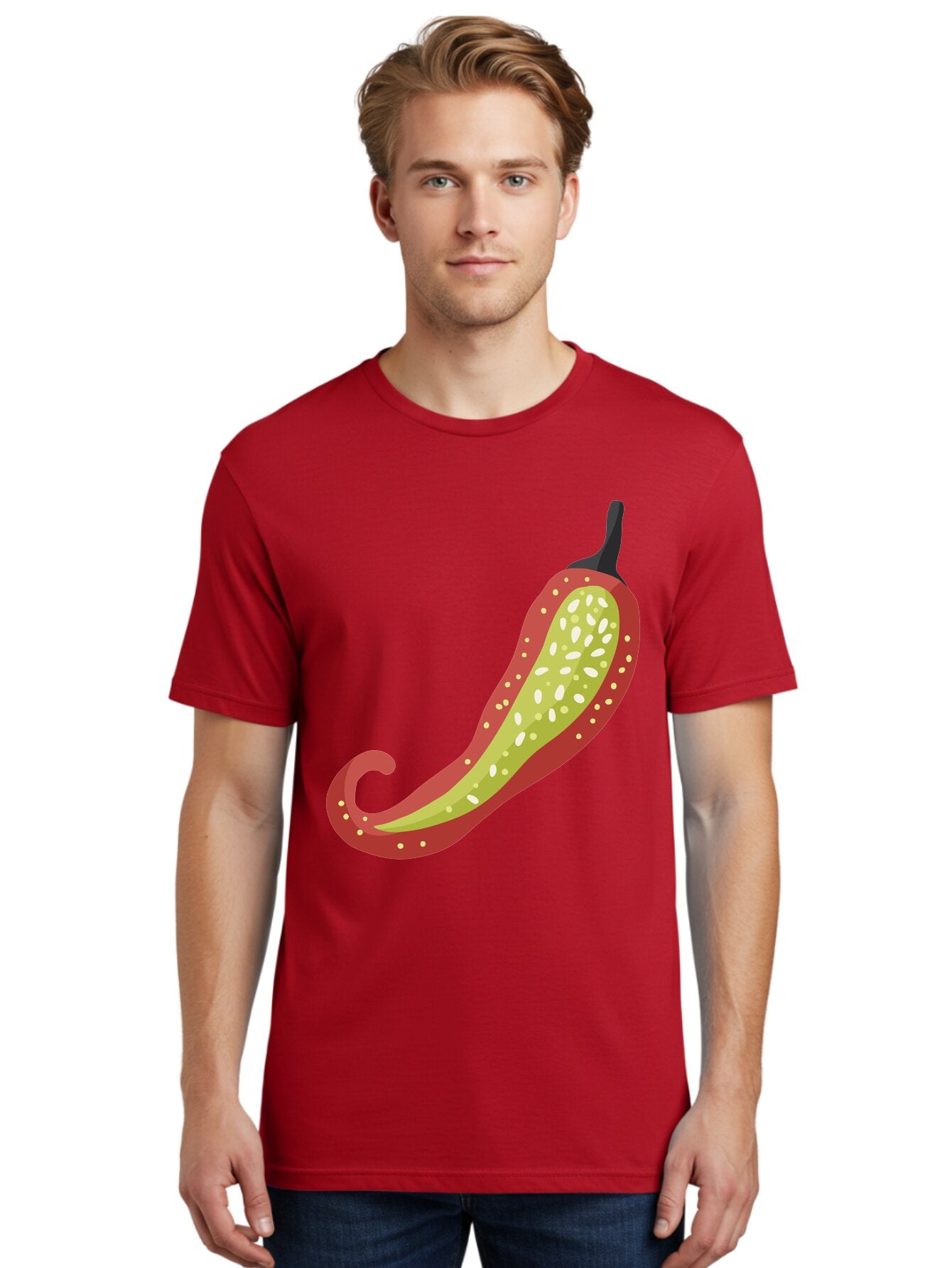 Red-Pepper Men'S Graphic Tee, 100% Cotton, Comfortable Casual Summer Wear, Machine Washable, Red Chili Pepper, Cutaway View, Seeds Inside, Spicy Food, Hot Pepper, Culinary Ingredient, Vibrant Red Color, Illustration Art Aad748 22