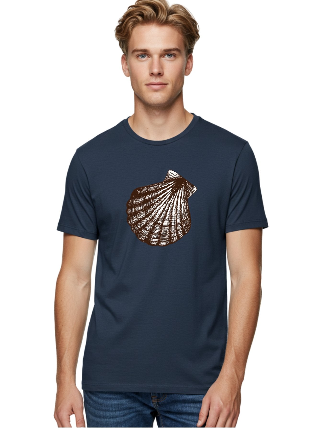 Scallop-Shell Men'S Graphic Tee, 100% Cotton, Comfortable Casual Summer Wear, Machine Washable, Scallop Shell, Seashell, Ocean Shell, Marine Life, Coastal Decor, Beachy Vibe, Shell Art, Detailed Illustration, Monochrome Design Aad749 16