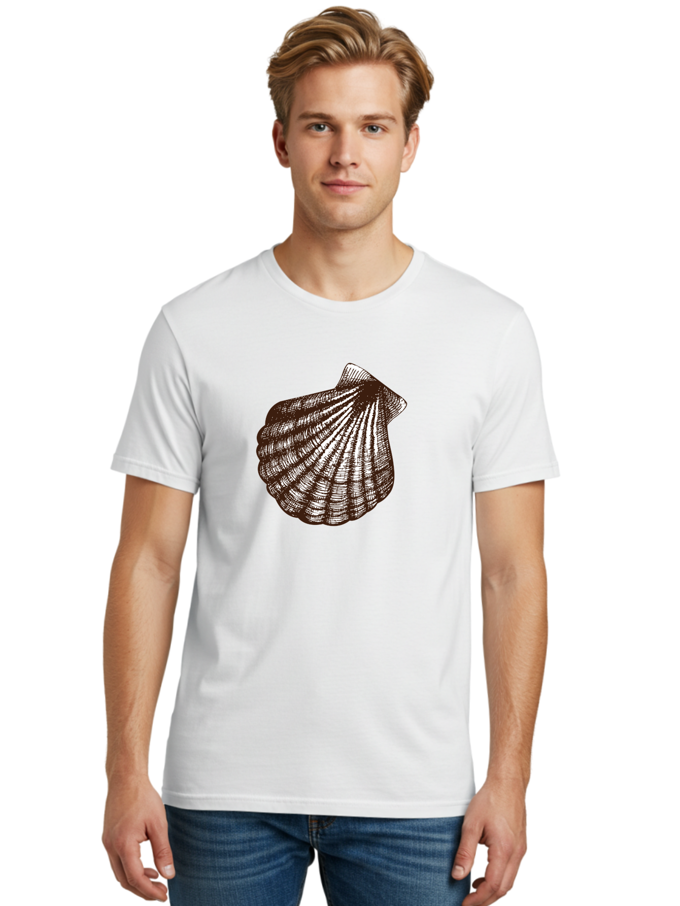 Scallop-Shell Men'S Graphic Tee, 100% Cotton, Comfortable Casual Summer Wear, Machine Washable, Scallop Shell, Seashell, Ocean Shell, Marine Life, Coastal Decor, Beachy Vibe, Shell Art, Detailed Illustration, Monochrome Design Aad749 16