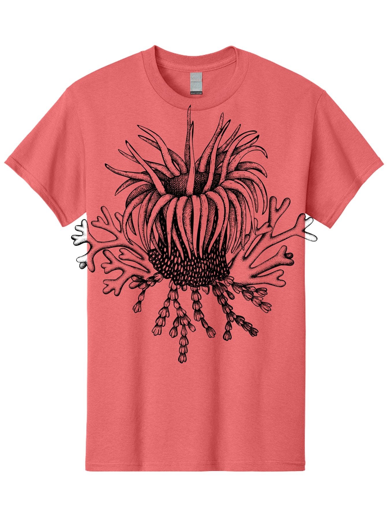 Sea-Anemone Men'S Graphic Tee, 100% Cotton, Comfortable Casual Summer Wear, Machine Washable, Sea Anemone, Marine Life, Ocean Creature, Underwater World, Coral Reef, Aquatic Animal, Tentacles, Black And Green Illustration, Botanical Art, Aad750 13
