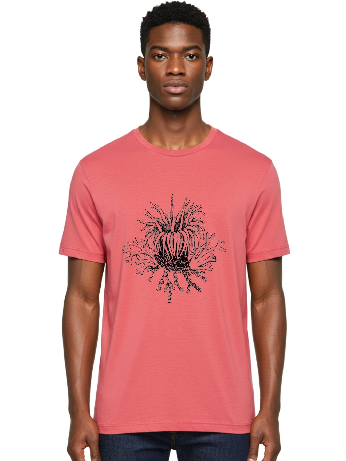 Sea-Anemone Men'S Graphic Tee, 100% Cotton, Comfortable Casual Summer Wear, Machine Washable, Sea Anemone, Marine Life, Ocean Creature, Underwater World, Coral Reef, Aquatic Animal, Tentacles, Black And Green Illustration, Botanical Art, Aad750 20