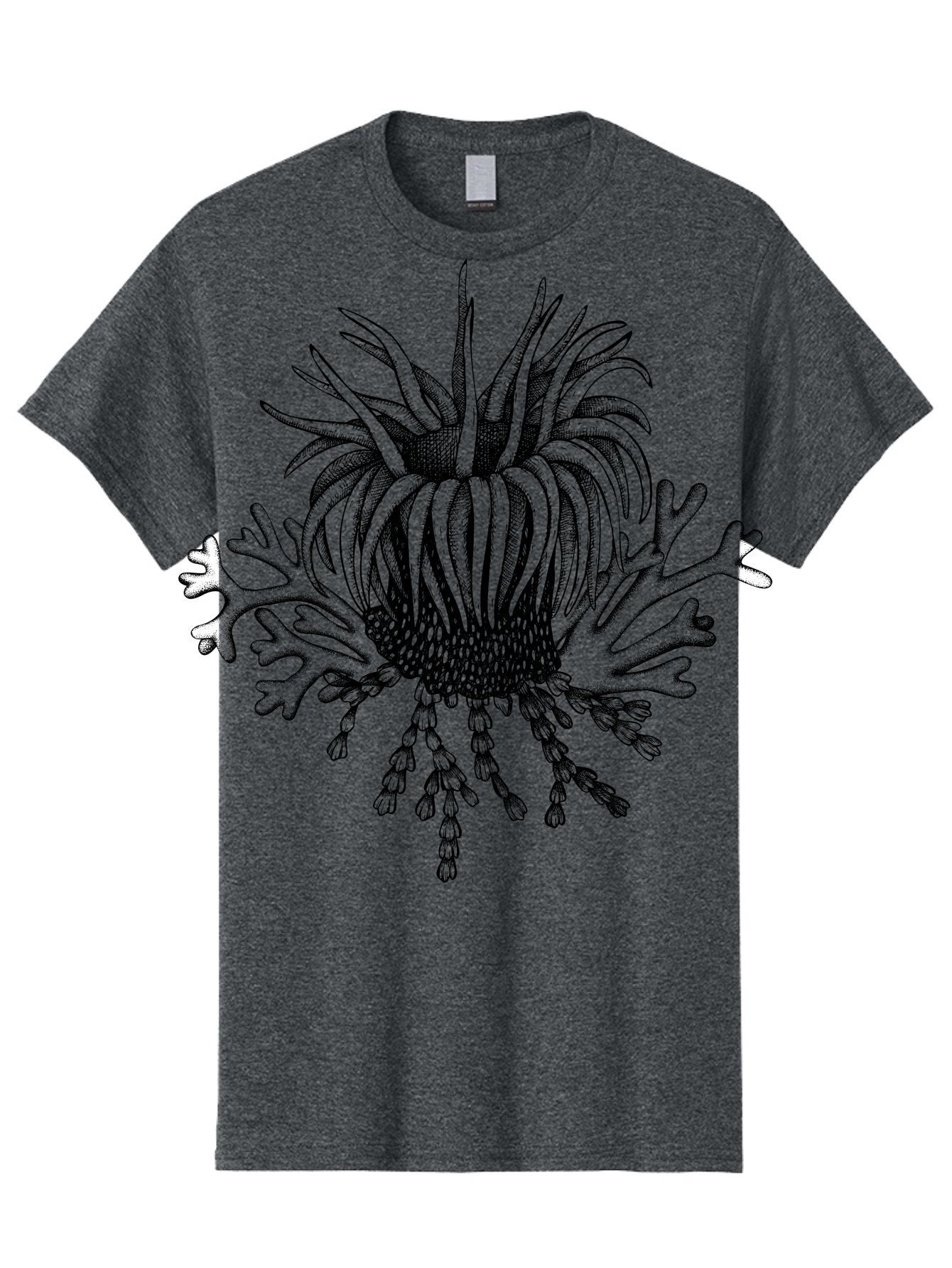 Sea-Anemone Men'S Graphic Tee, 100% Cotton, Comfortable Casual Summer Wear, Machine Washable, Sea Anemone, Marine Life, Ocean Creature, Underwater World, Coral Reef, Aquatic Animal, Tentacles, Black And Green Illustration, Botanical Art, Aad750 3
