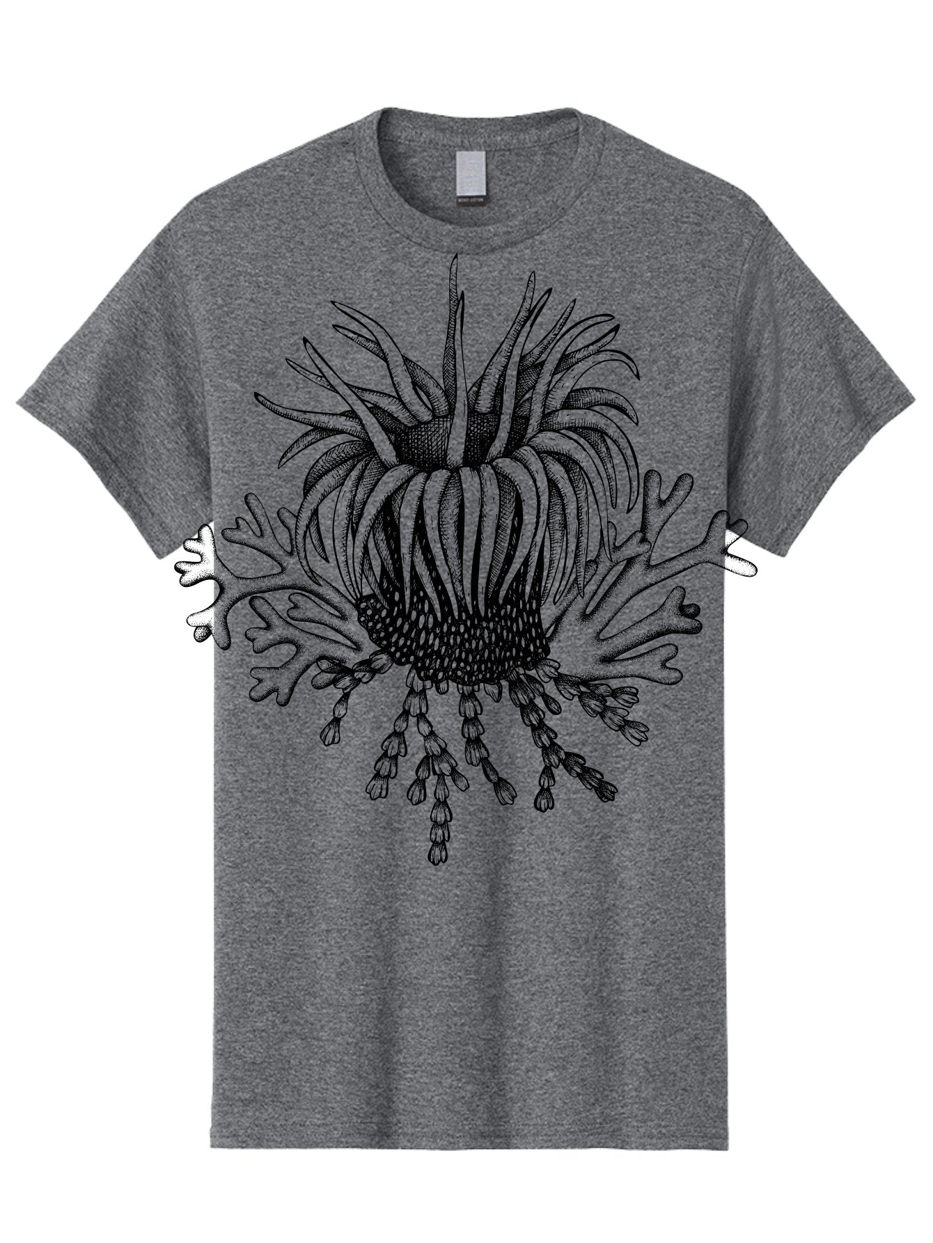 Sea-Anemone Men'S Graphic Tee, 100% Cotton, Comfortable Casual Summer Wear, Machine Washable, Sea Anemone, Marine Life, Ocean Creature, Underwater World, Coral Reef, Aquatic Animal, Tentacles, Black And Green Illustration, Botanical Art, Aad750