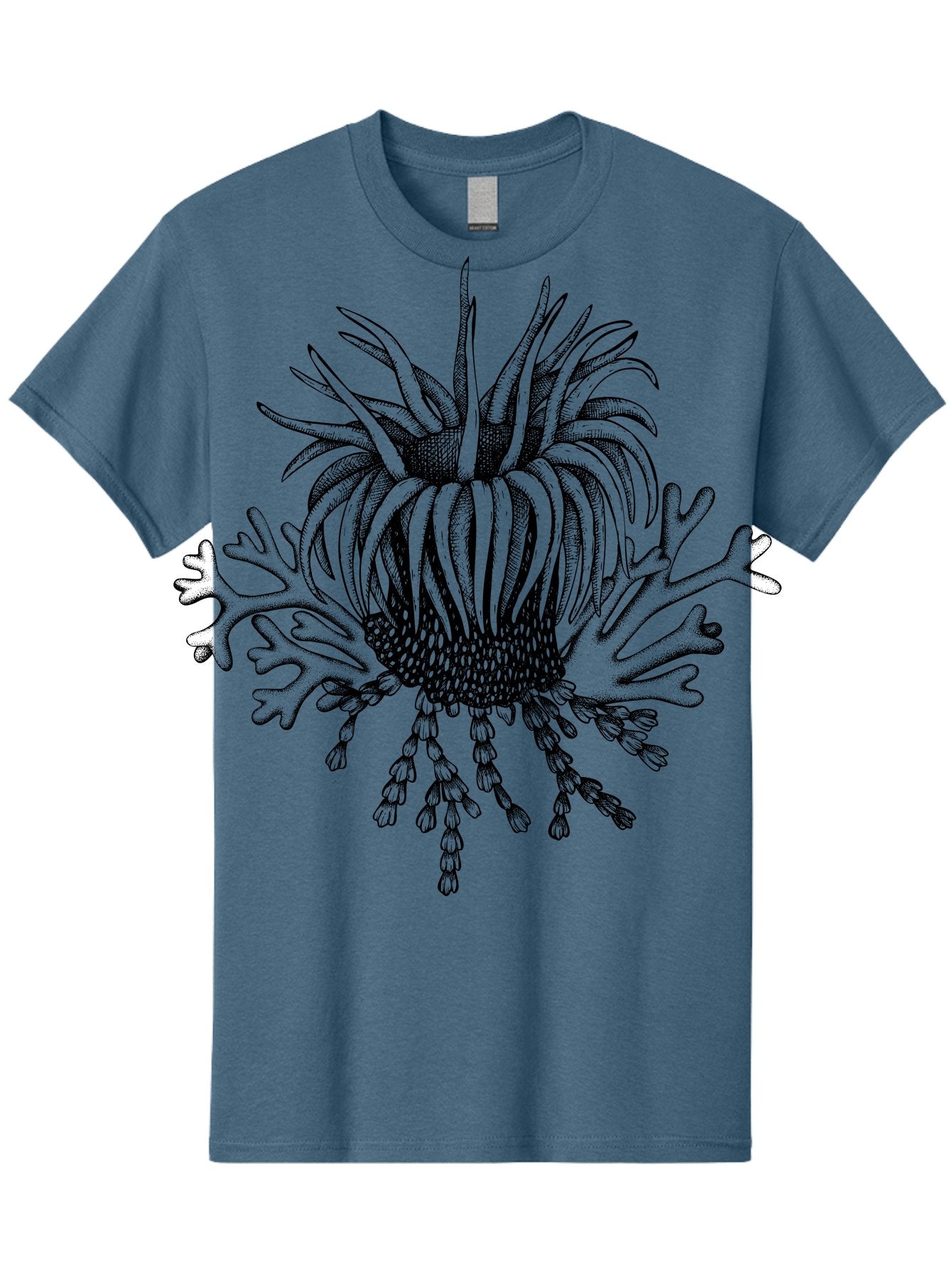 Sea-Anemone Men'S Graphic Tee, 100% Cotton, Comfortable Casual Summer Wear, Machine Washable, Sea Anemone, Marine Life, Ocean Creature, Underwater World, Coral Reef, Aquatic Animal, Tentacles, Black And Green Illustration, Botanical Art, Aad750 11