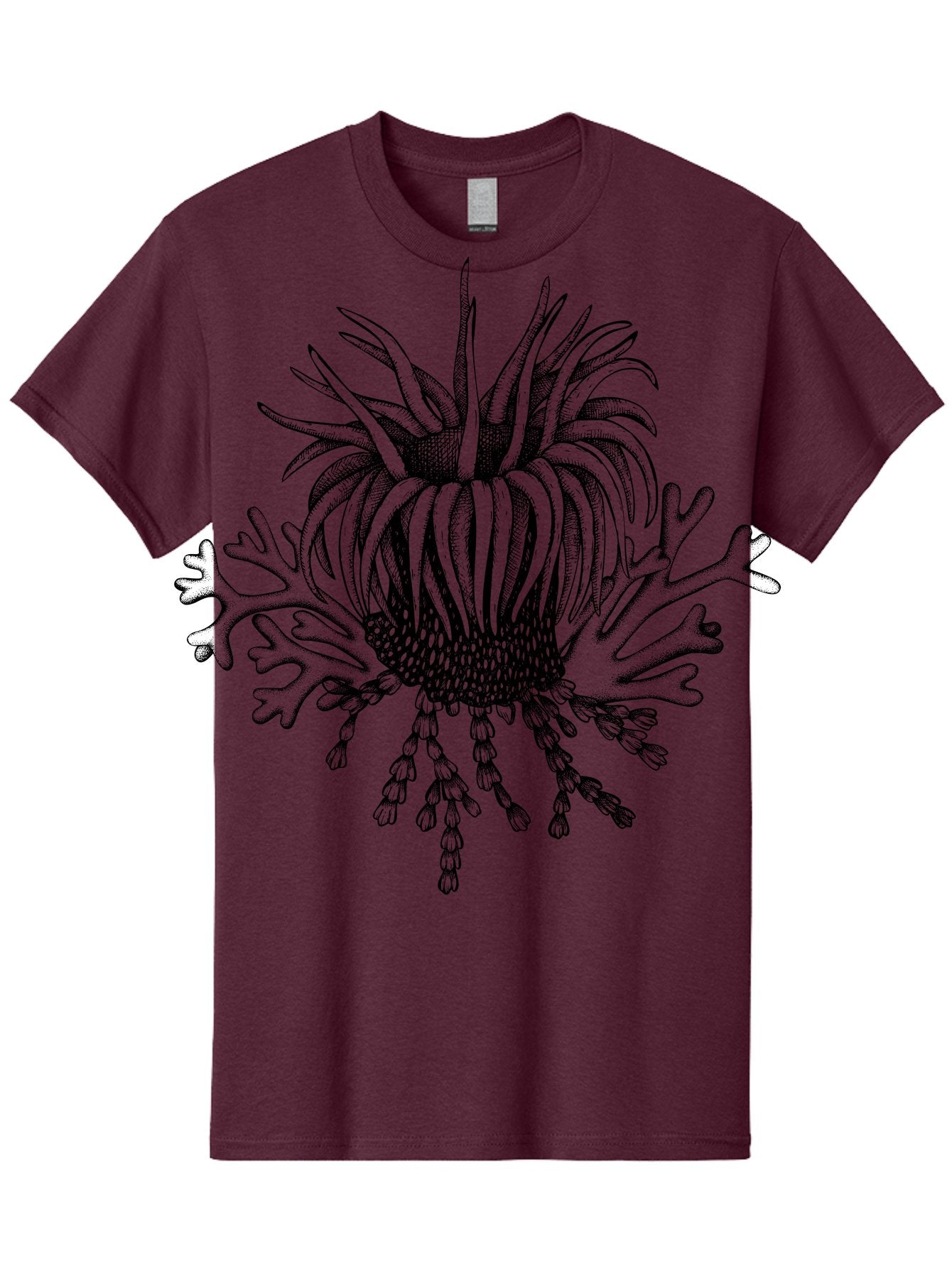 Sea-Anemone Men'S Graphic Tee, 100% Cotton, Comfortable Casual Summer Wear, Machine Washable, Sea Anemone, Marine Life, Ocean Creature, Underwater World, Coral Reef, Aquatic Animal, Tentacles, Black And Green Illustration, Botanical Art, Aad750 5