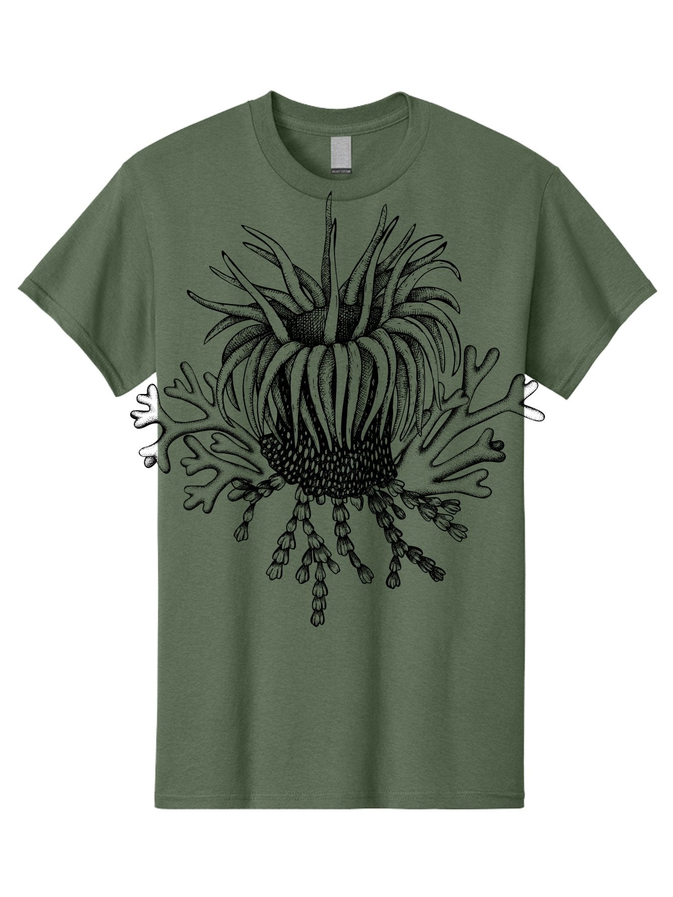 Sea-Anemone Men'S Graphic Tee, 100% Cotton, Comfortable Casual Summer Wear, Machine Washable, Sea Anemone, Marine Life, Ocean Creature, Underwater World, Coral Reef, Aquatic Animal, Tentacles, Black And Green Illustration, Botanical Art, Aad750 6