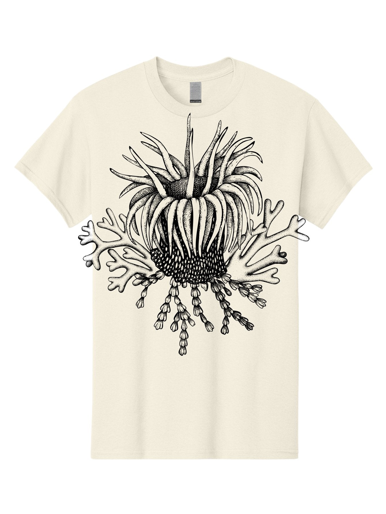 Sea-Anemone Men'S Graphic Tee, 100% Cotton, Comfortable Casual Summer Wear, Machine Washable, Sea Anemone, Marine Life, Ocean Creature, Underwater World, Coral Reef, Aquatic Animal, Tentacles, Black And Green Illustration, Botanical Art, Aad750 10