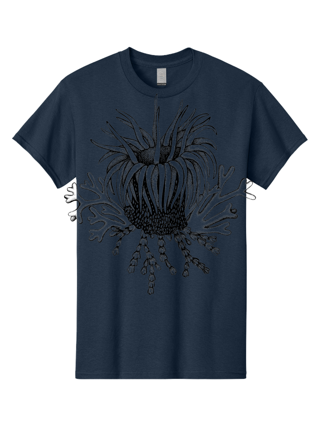 Sea-Anemone Men'S Graphic Tee, 100% Cotton, Comfortable Casual Summer Wear, Machine Washable, Sea Anemone, Marine Life, Ocean Creature, Underwater World, Coral Reef, Aquatic Animal, Tentacles, Black And Green Illustration, Botanical Art, Aad750 25