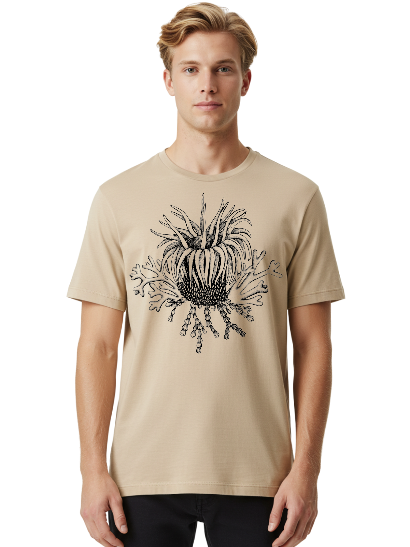 Sea-Anemone Men'S Graphic Tee, 100% Cotton, Comfortable Casual Summer Wear, Machine Washable, Sea Anemone, Marine Life, Ocean Creature, Underwater World, Coral Reef, Aquatic Animal, Tentacles, Black And Green Illustration, Botanical Art, Aad750 6