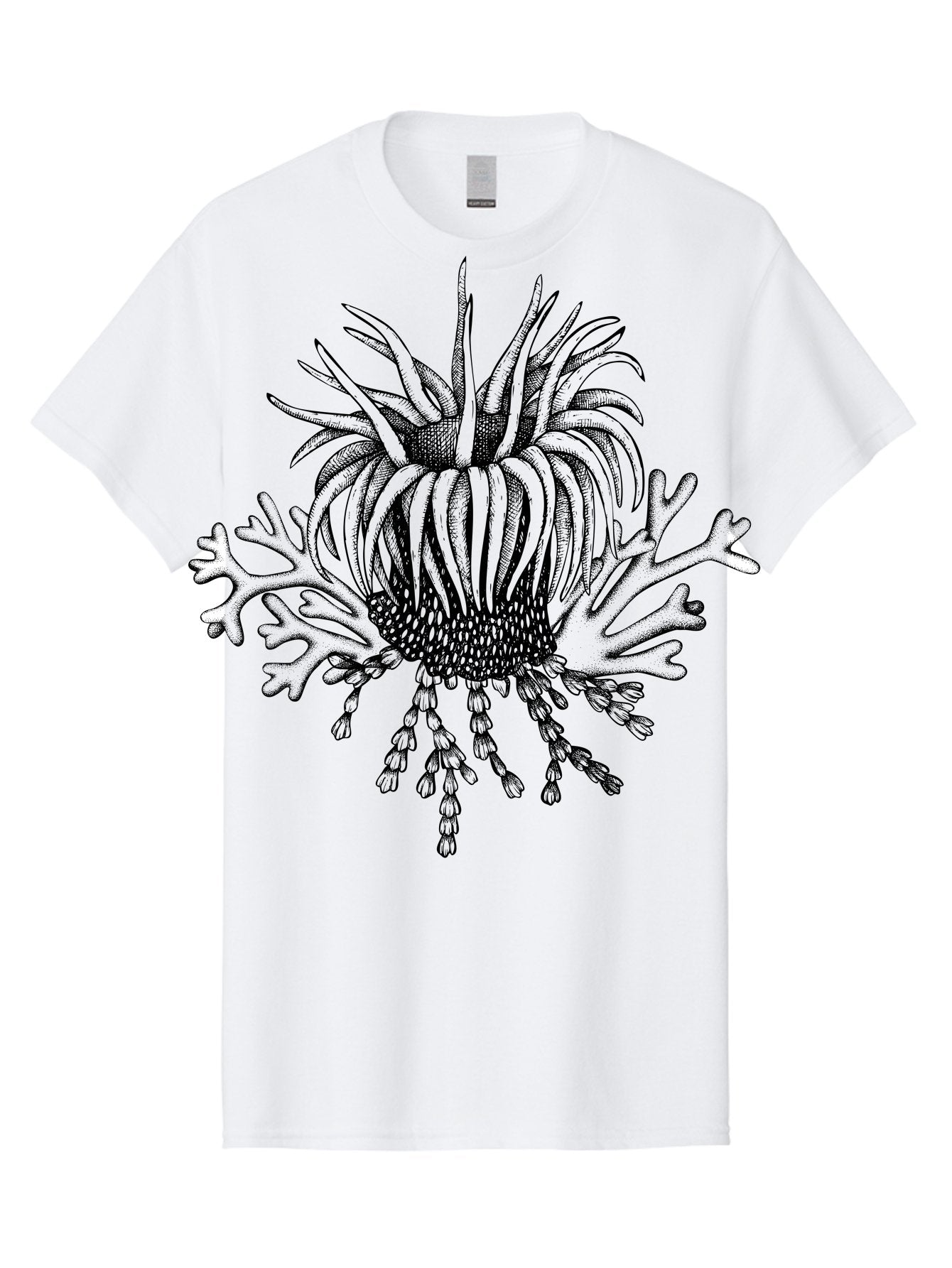 Sea-Anemone Men'S Graphic Tee, 100% Cotton, Comfortable Casual Summer Wear, Machine Washable, Sea Anemone, Marine Life, Ocean Creature, Underwater World, Coral Reef, Aquatic Animal, Tentacles, Black And Green Illustration, Botanical Art, Aad750
