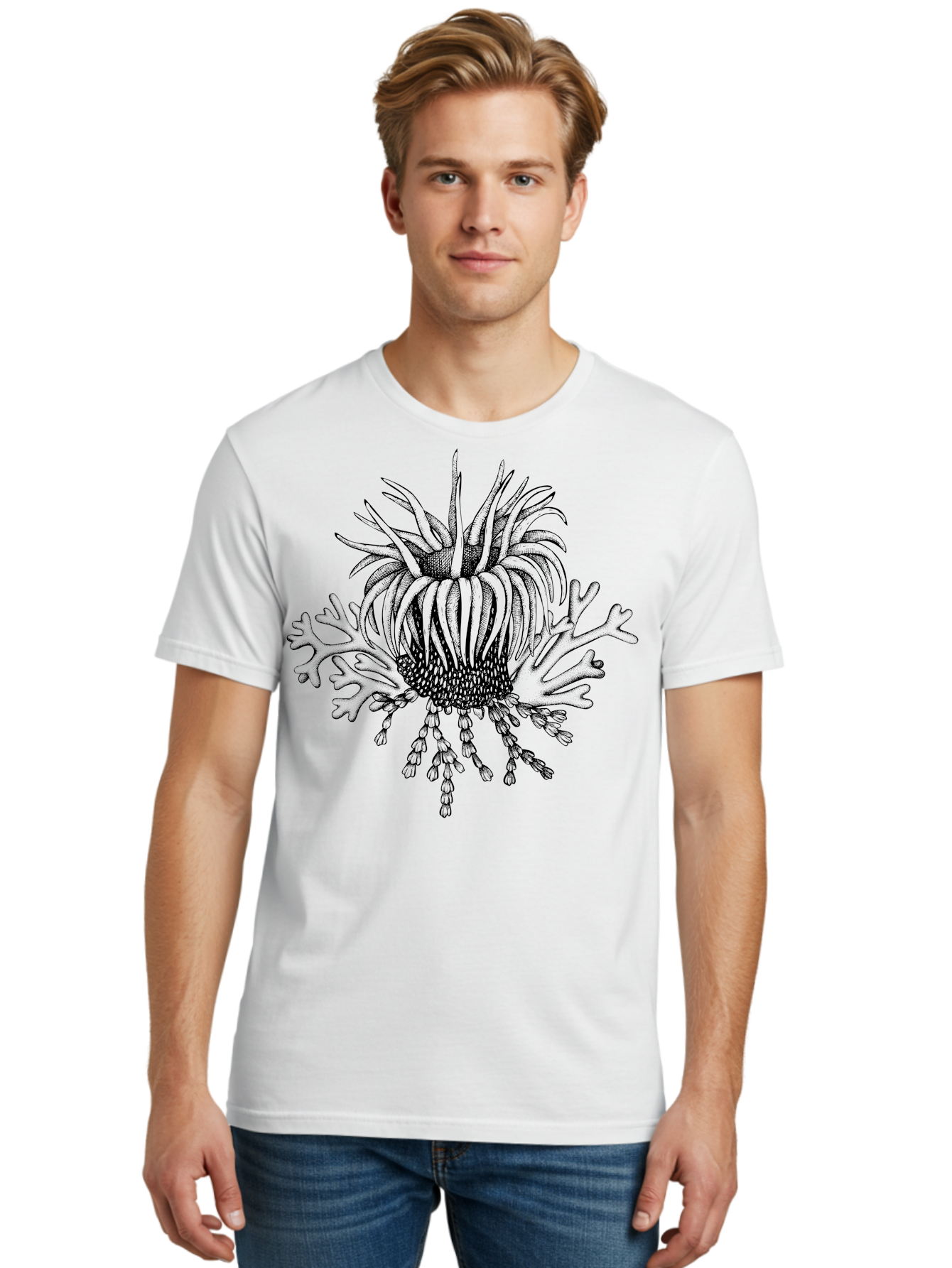 Sea-Anemone Men'S Graphic Tee, 100% Cotton, Comfortable Casual Summer Wear, Machine Washable, Sea Anemone, Marine Life, Ocean Creature, Underwater World, Coral Reef, Aquatic Animal, Tentacles, Black And Green Illustration, Botanical Art, Aad750 22