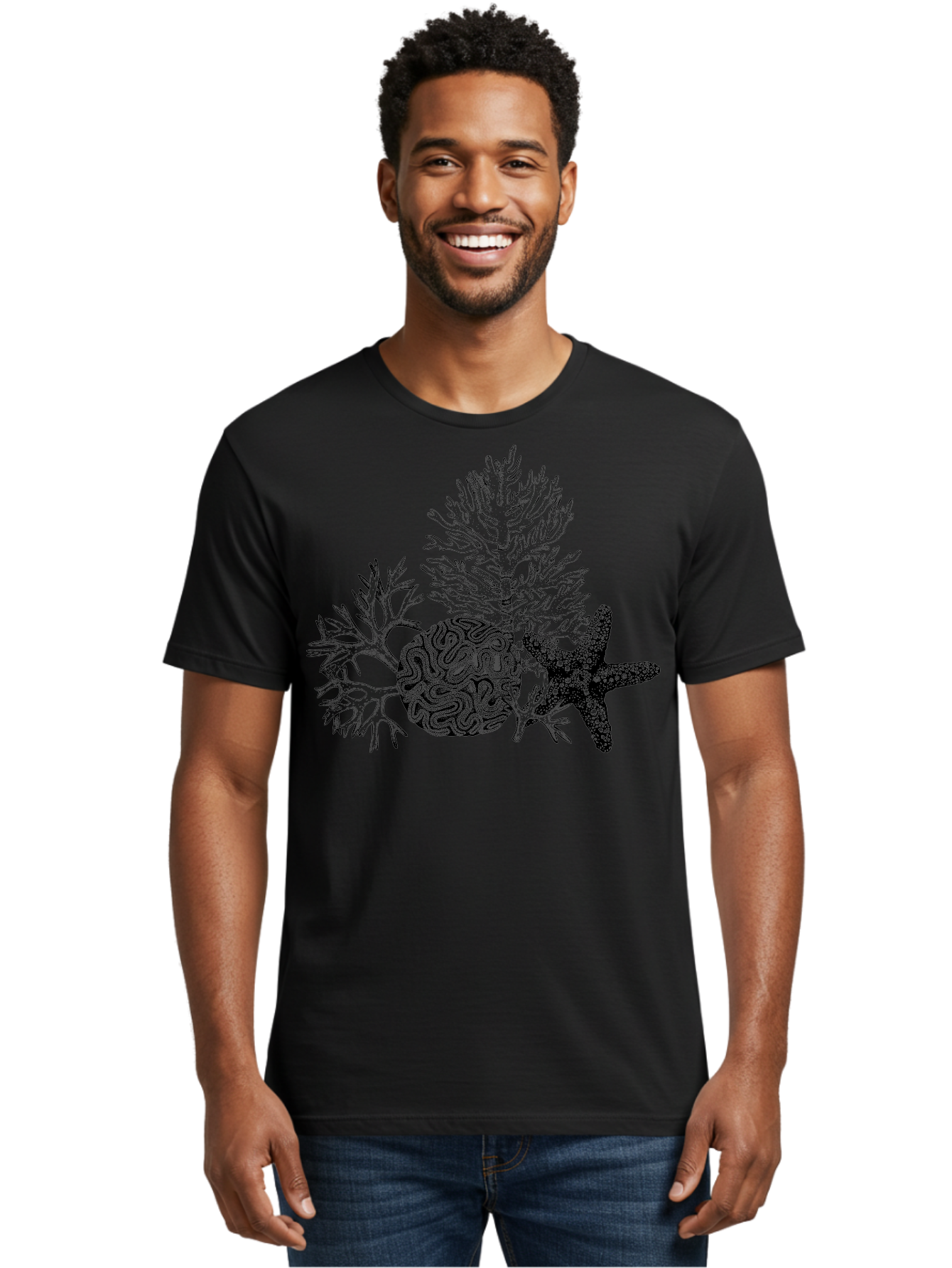Sea-Turtle Men'S Graphic Tee, 100% Cotton, Comfortable Casual Summer Wear, Machine Washable, Brain Illustration, Coral Reef, Starfish, Ocean Life, Sea Creatures, Underwater World, Marine Biology, Neurological Art, Abstract Design, Aad751 18