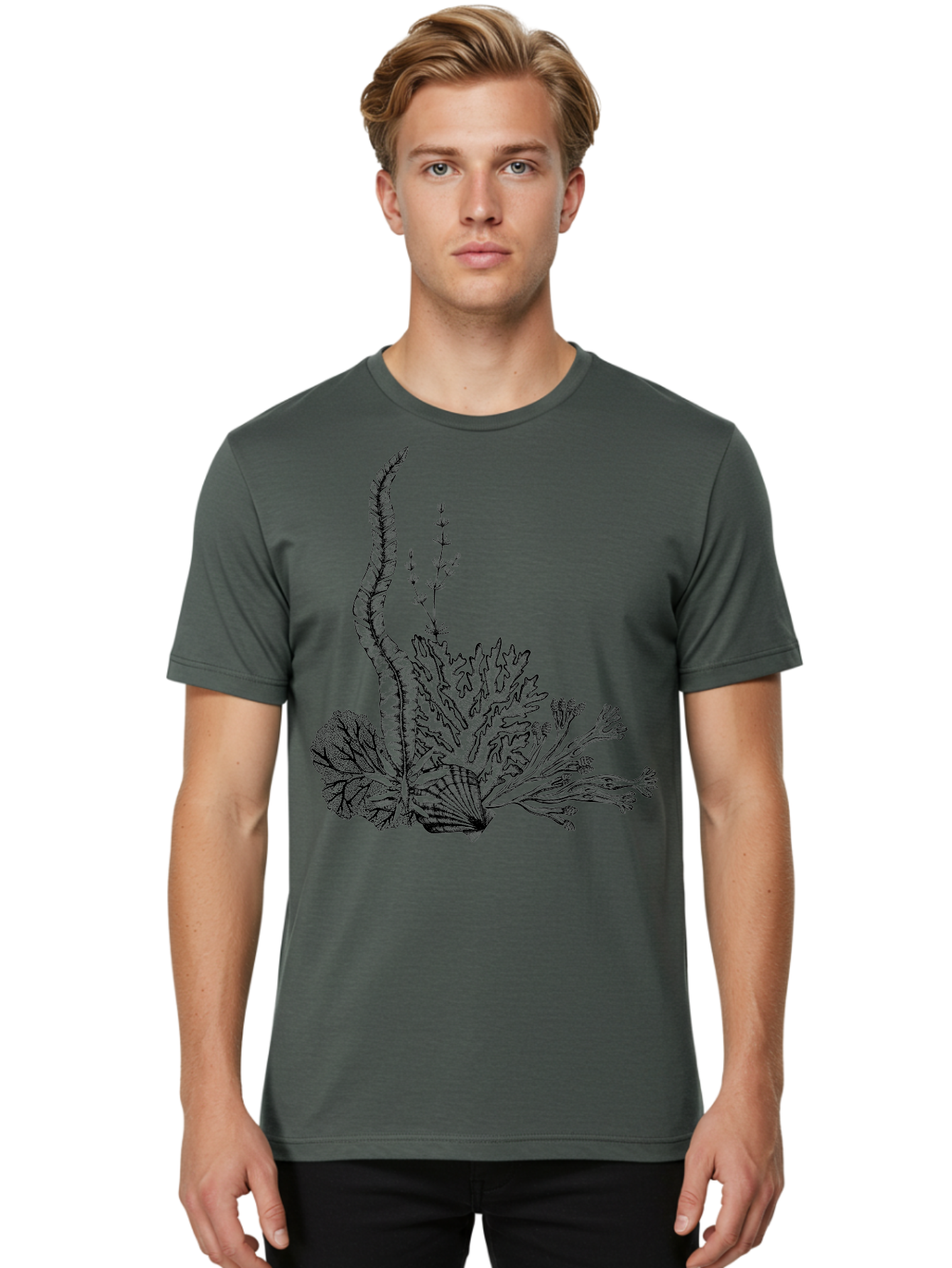 Seaweed-Illustration Men'S Graphic Tee, 100% Cotton, Comfortable Casual Summer Wear, Machine Washable, Detailed Seaweed, Oceanic Foliage, Black Ink Illustration, Floral Seaweed, Underwater Scenery, Marine Life, Botanical Art Aad753 22