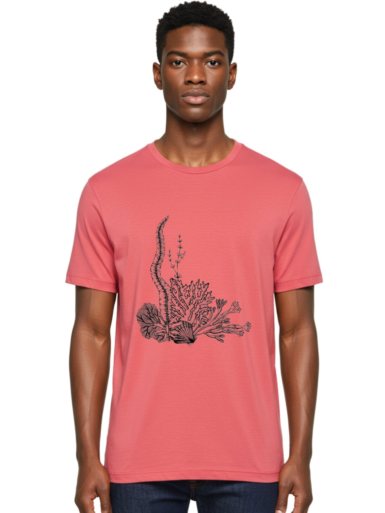 Seaweed-Illustration Men'S Graphic Tee, 100% Cotton, Comfortable Casual Summer Wear, Machine Washable, Detailed Seaweed, Oceanic Foliage, Black Ink Illustration, Floral Seaweed, Underwater Scenery, Marine Life, Botanical Art Aad753 25