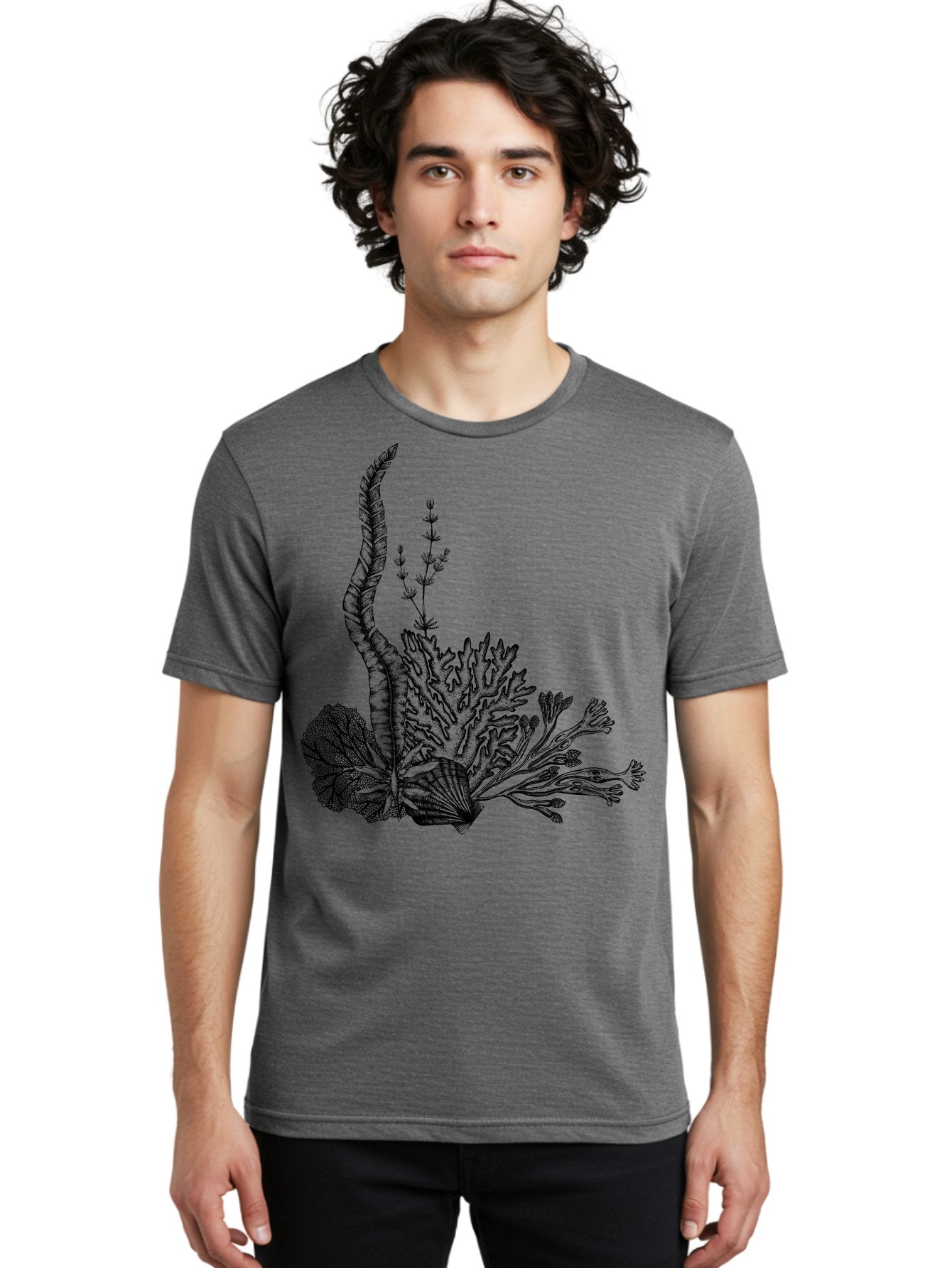 Seaweed-Illustration Men'S Graphic Tee, 100% Cotton, Comfortable Casual Summer Wear, Machine Washable, Detailed Seaweed, Oceanic Foliage, Black Ink Illustration, Floral Seaweed, Underwater Scenery, Marine Life, Botanical Art Aad753 29