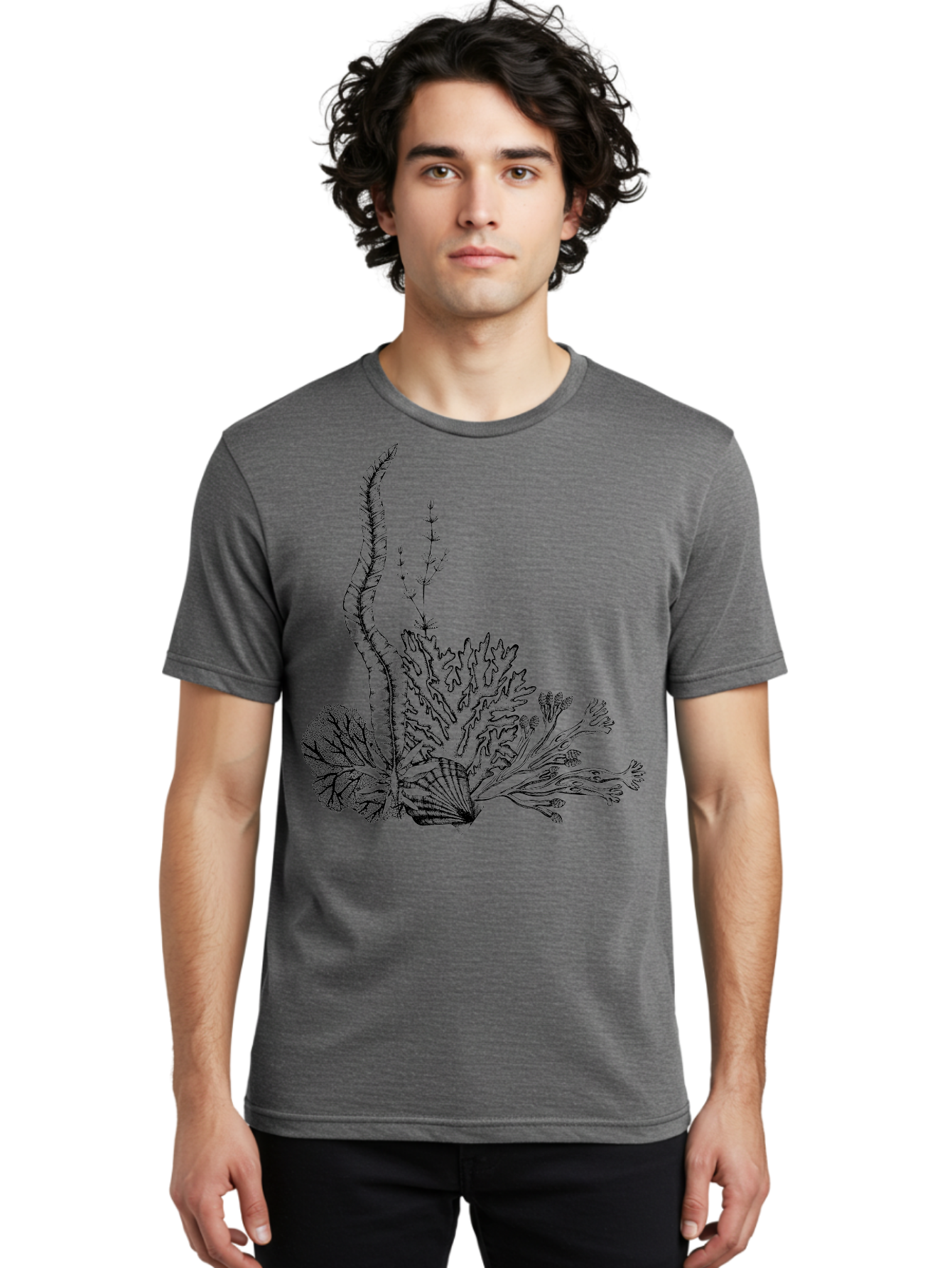 Seaweed-Illustration Men'S Graphic Tee, 100% Cotton, Comfortable Casual Summer Wear, Machine Washable, Detailed Seaweed, Oceanic Foliage, Black Ink Illustration, Floral Seaweed, Underwater Scenery, Marine Life, Botanical Art Aad753 4