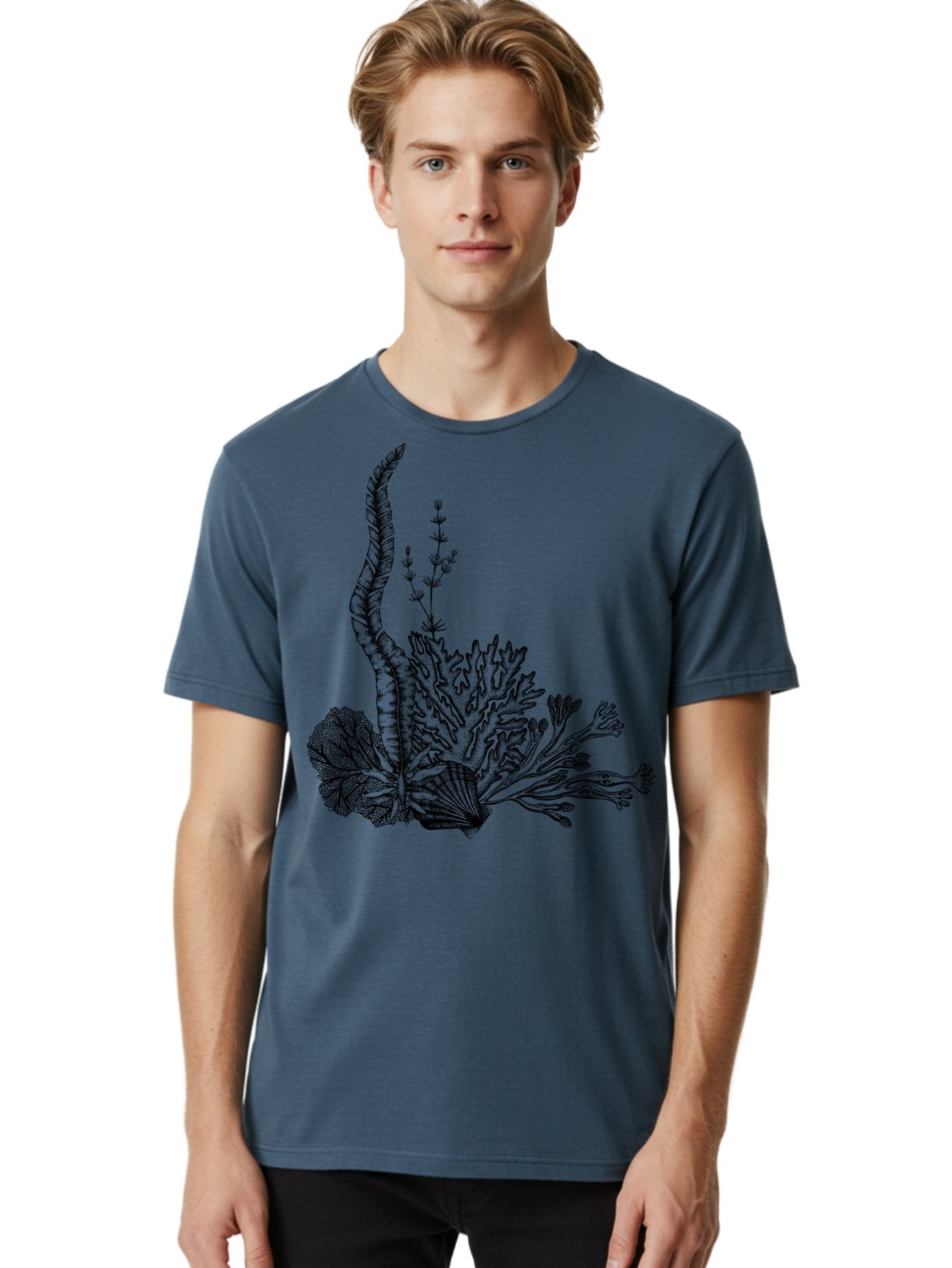 Seaweed-Illustration Men'S Graphic Tee, 100% Cotton, Comfortable Casual Summer Wear, Machine Washable, Detailed Seaweed, Oceanic Foliage, Black Ink Illustration, Floral Seaweed, Underwater Scenery, Marine Life, Botanical Art Aad753 28