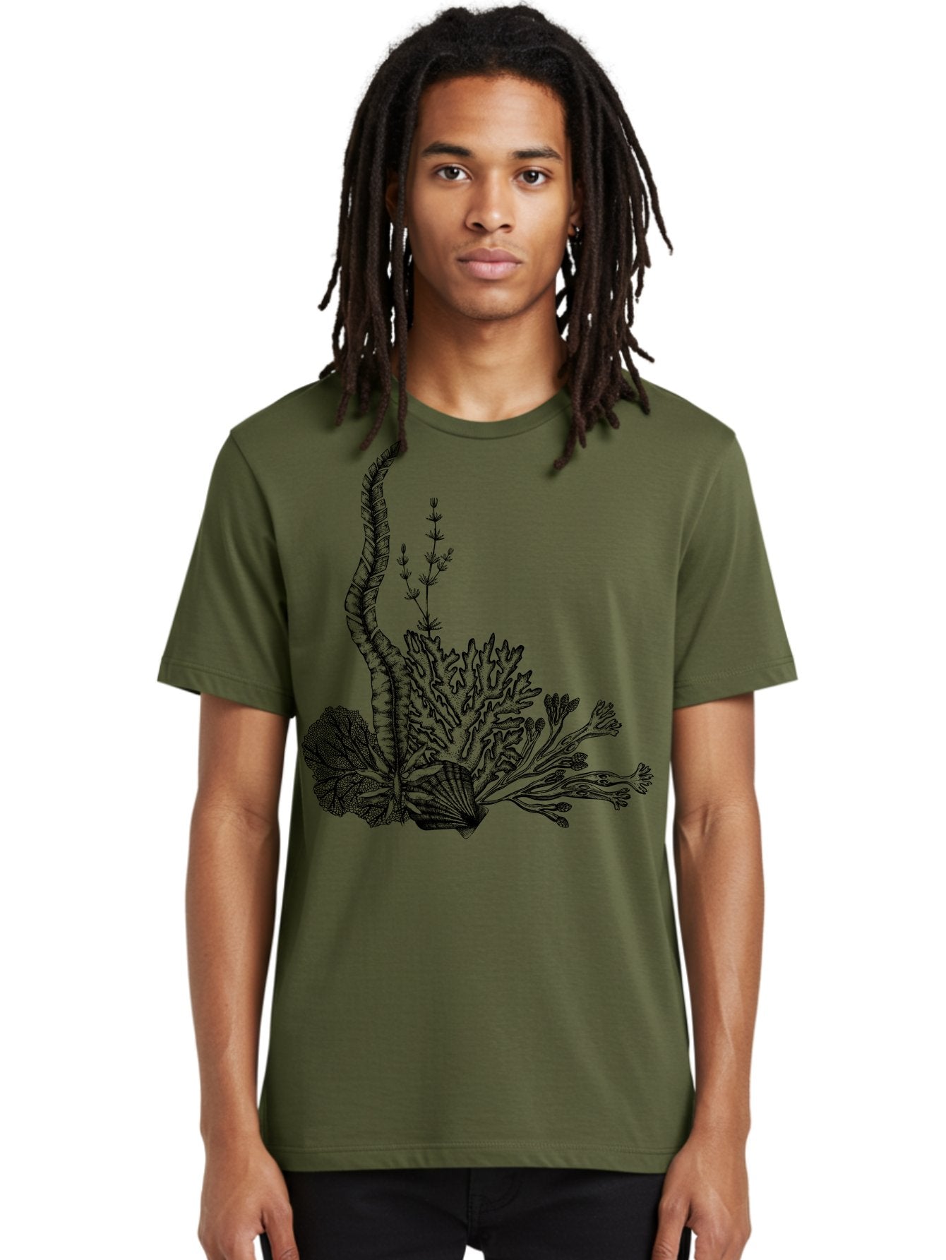 Seaweed-Illustration Men'S Graphic Tee, 100% Cotton, Comfortable Casual Summer Wear, Machine Washable, Detailed Seaweed, Oceanic Foliage, Black Ink Illustration, Floral Seaweed, Underwater Scenery, Marine Life, Botanical Art Aad753 23