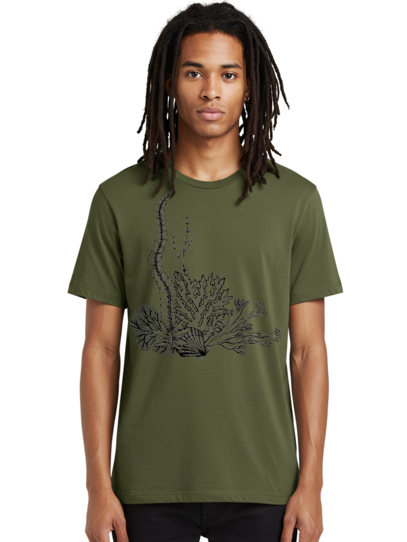 Seaweed-Illustration Men'S Graphic Tee, 100% Cotton, Comfortable Casual Summer Wear, Machine Washable, Detailed Seaweed, Oceanic Foliage, Black Ink Illustration, Floral Seaweed, Underwater Scenery, Marine Life, Botanical Art Aad753 16