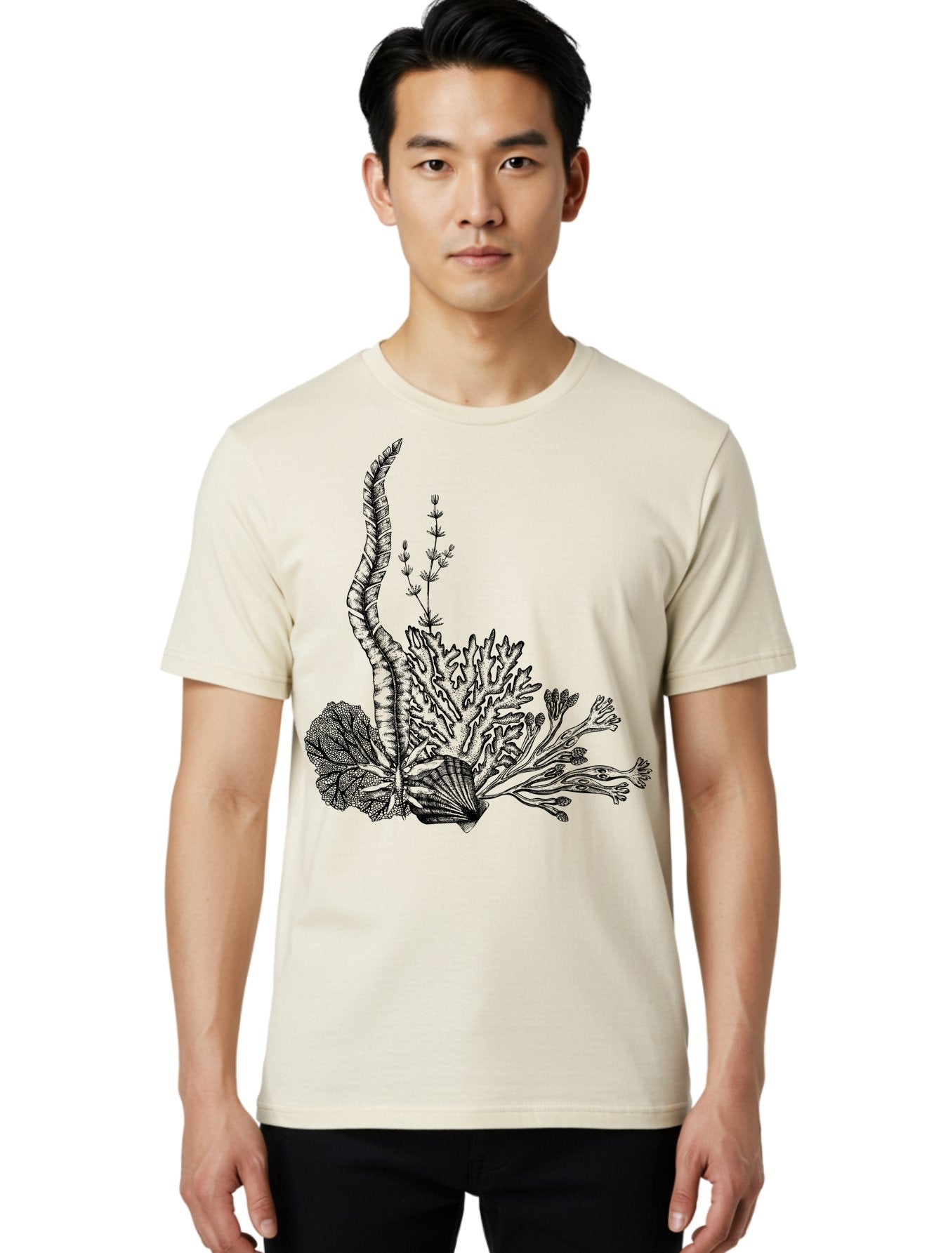 Seaweed-Illustration Men'S Graphic Tee, 100% Cotton, Comfortable Casual Summer Wear, Machine Washable, Detailed Seaweed, Oceanic Foliage, Black Ink Illustration, Floral Seaweed, Underwater Scenery, Marine Life, Botanical Art Aad753 26