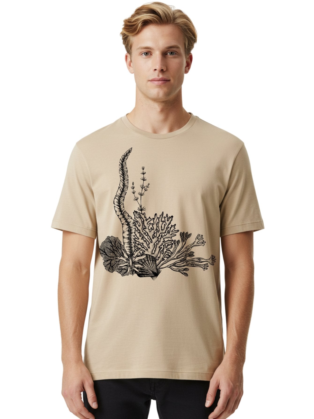 Seaweed-Illustration Men'S Graphic Tee, 100% Cotton, Comfortable Casual Summer Wear, Machine Washable, Detailed Seaweed, Oceanic Foliage, Black Ink Illustration, Floral Seaweed, Underwater Scenery, Marine Life, Botanical Art Aad753 21