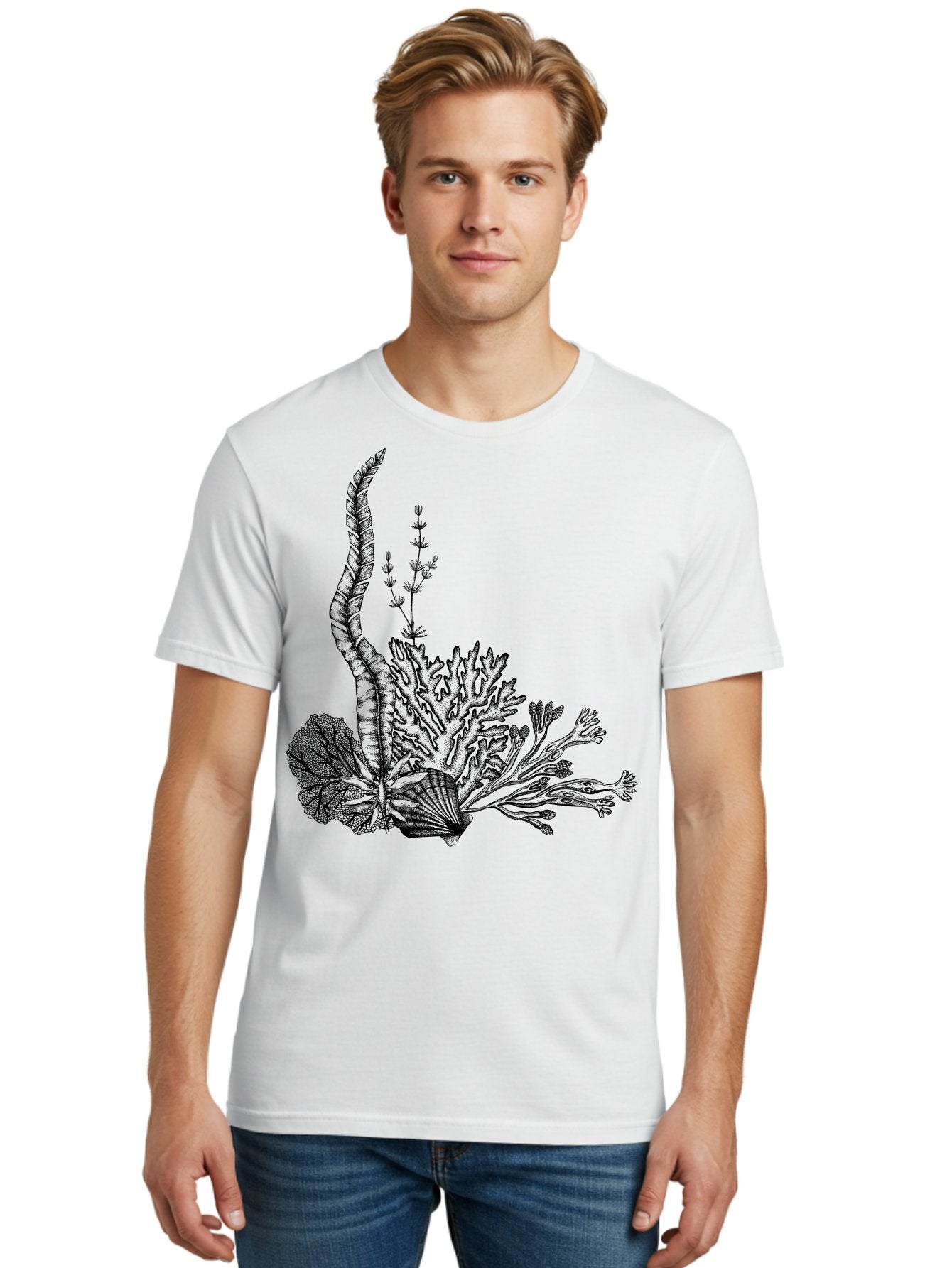 Seaweed-Illustration Men'S Graphic Tee, 100% Cotton, Comfortable Casual Summer Wear, Machine Washable, Detailed Seaweed, Oceanic Foliage, Black Ink Illustration, Floral Seaweed, Underwater Scenery, Marine Life, Botanical Art Aad753 27