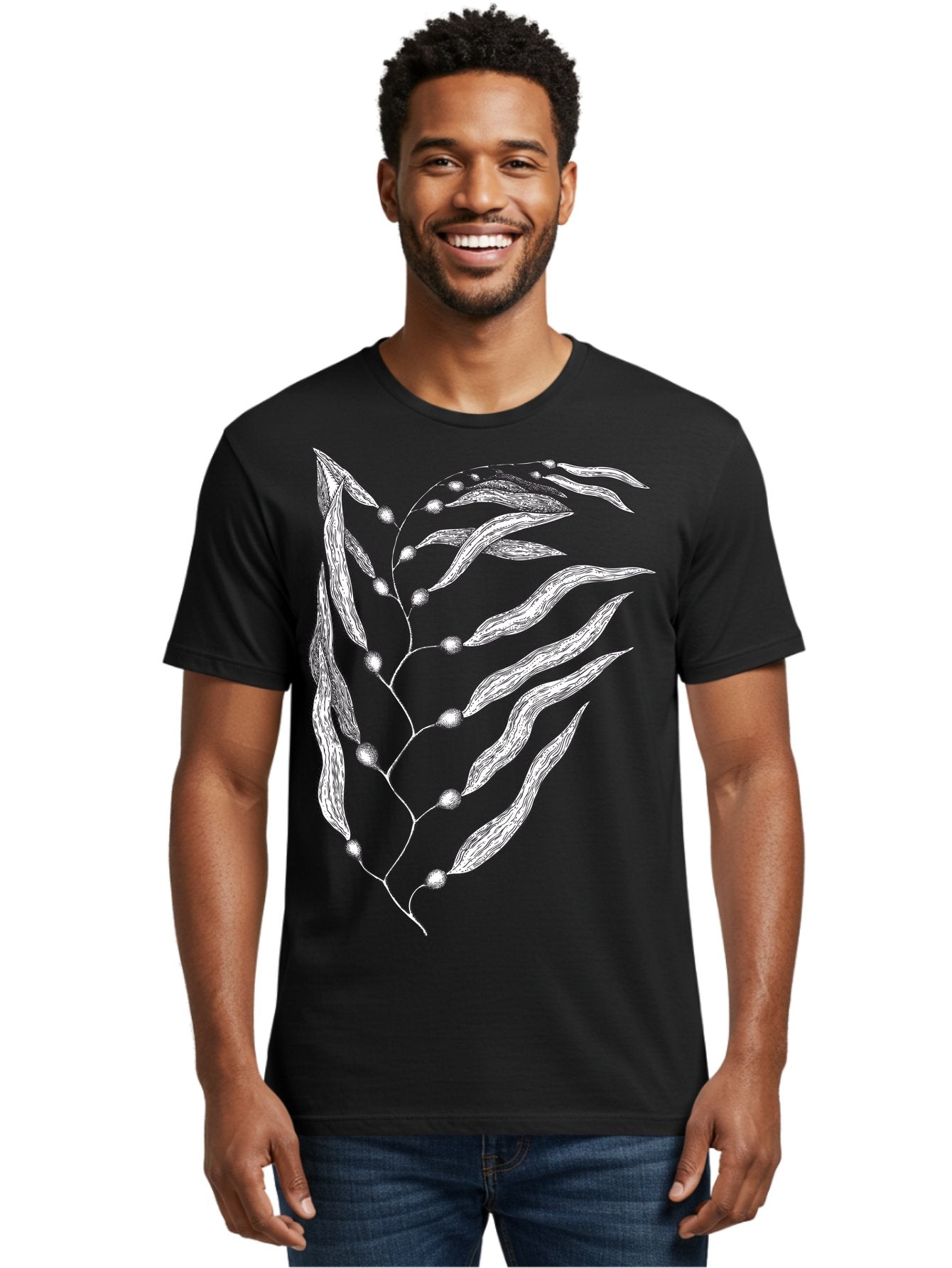 Seaweed Men'S Graphic Tee, 100% Cotton, Comfortable Casual Summer Wear, Machine Washable, Illustrated Branch With Leaves, Branch With Fruit, Foliage Illustration, Silver Leaves, Detailed Artwork, Botanical Illustration, Natural Elements, Aad754 17