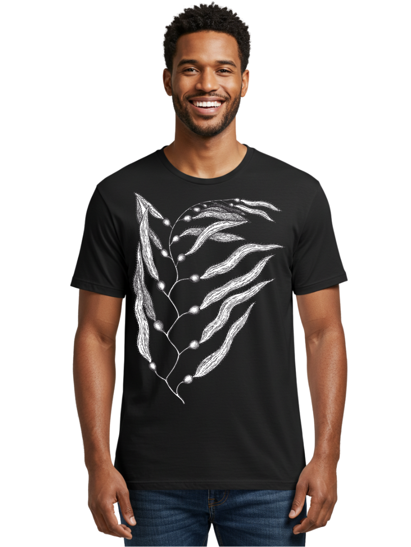 Seaweed Men'S Graphic Tee, 100% Cotton, Comfortable Casual Summer Wear, Machine Washable, Illustrated Branch With Leaves, Branch With Fruit, Foliage Illustration, Silver Leaves, Detailed Artwork, Botanical Illustration, Natural Elements, Aad754 28