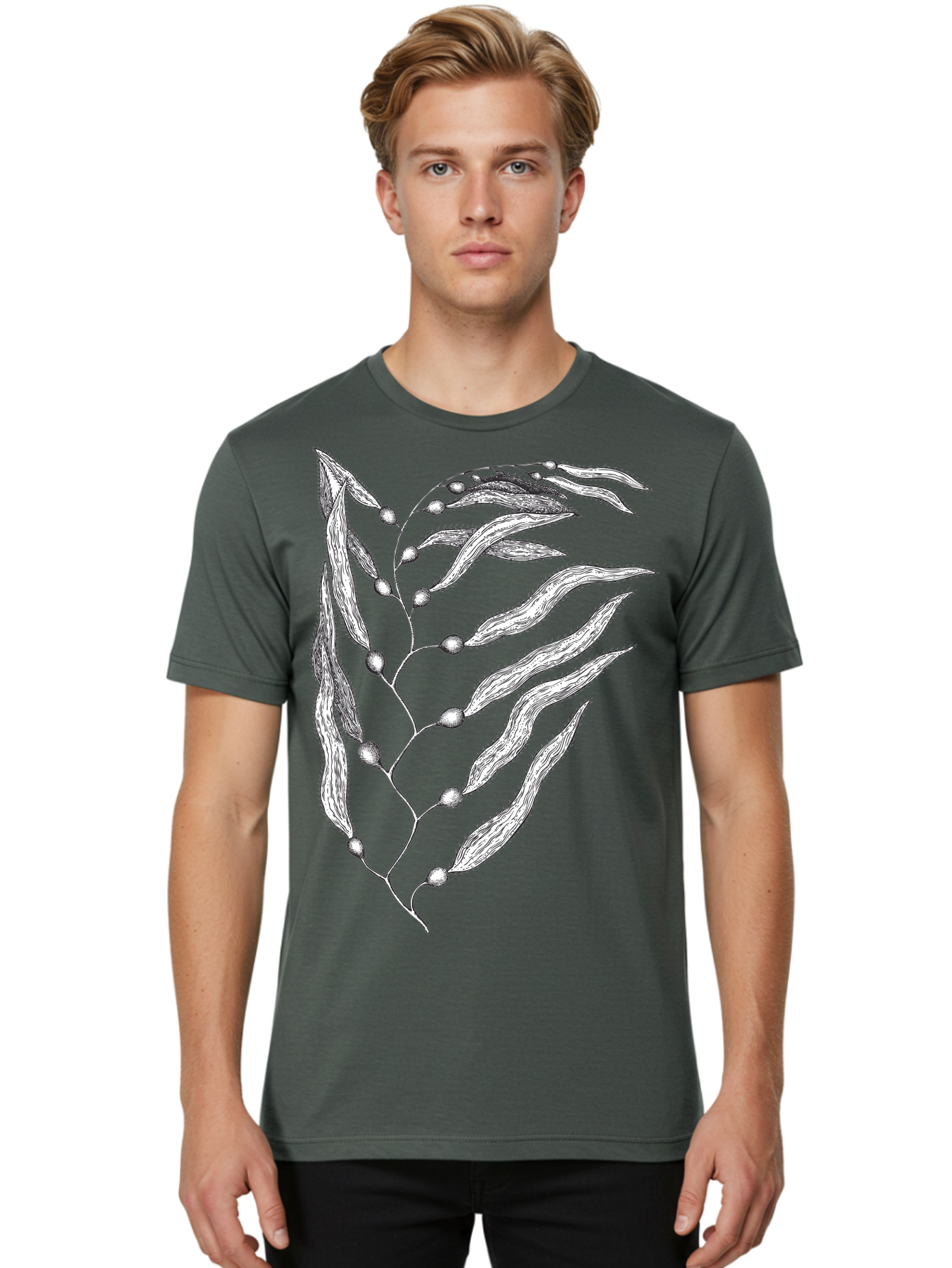 Seaweed Men'S Graphic Tee, 100% Cotton, Comfortable Casual Summer Wear, Machine Washable, Illustrated Branch With Leaves, Branch With Fruit, Foliage Illustration, Silver Leaves, Detailed Artwork, Botanical Illustration, Natural Elements, Aad754