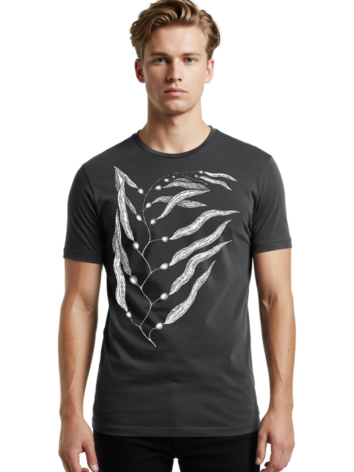 Seaweed Men'S Graphic Tee, 100% Cotton, Comfortable Casual Summer Wear, Machine Washable, Illustrated Branch With Leaves, Branch With Fruit, Foliage Illustration, Silver Leaves, Detailed Artwork, Botanical Illustration, Natural Elements, Aad754 27