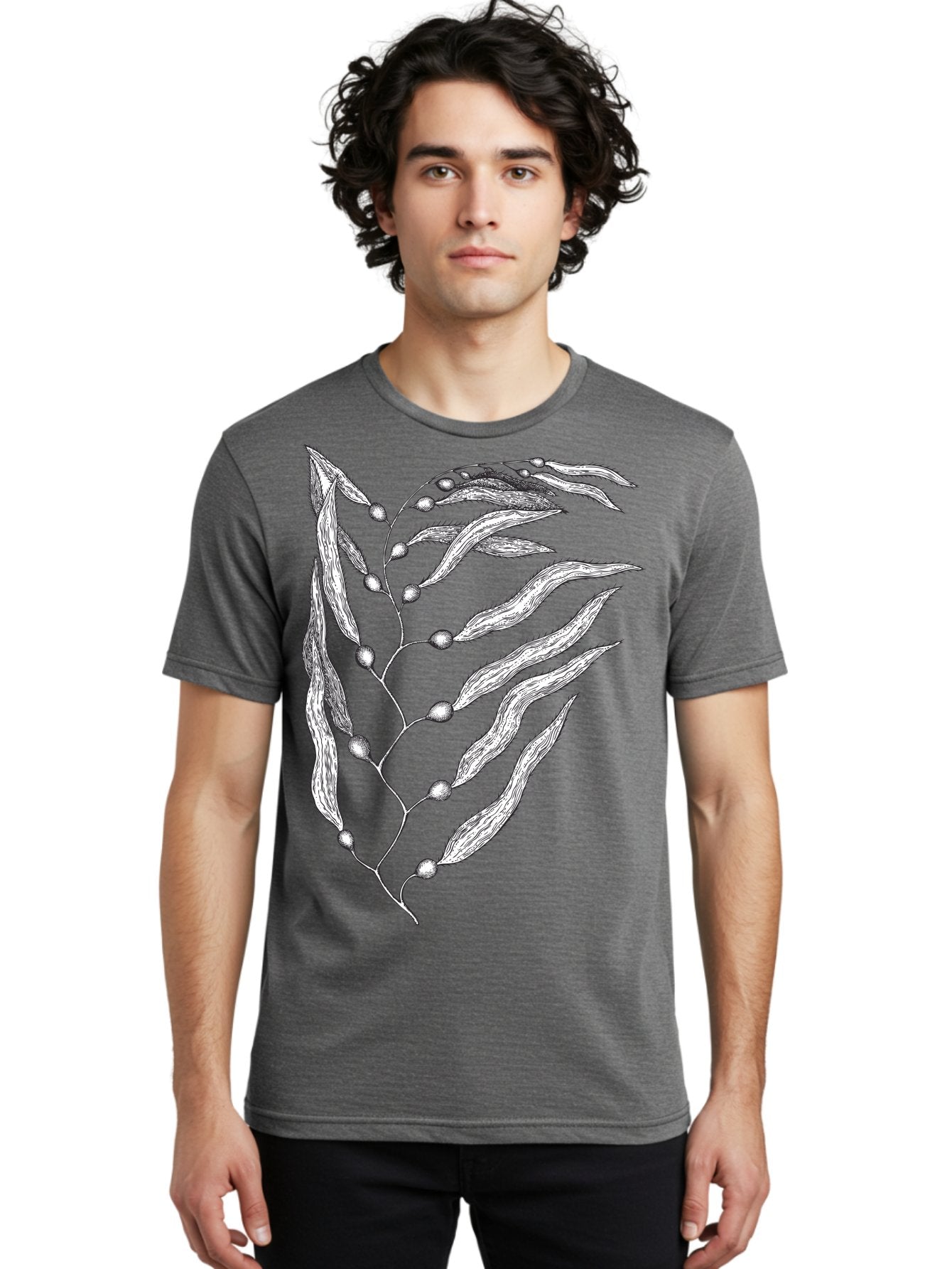 Seaweed Men'S Graphic Tee, 100% Cotton, Comfortable Casual Summer Wear, Machine Washable, Illustrated Branch With Leaves, Branch With Fruit, Foliage Illustration, Silver Leaves, Detailed Artwork, Botanical Illustration, Natural Elements, Aad754 19