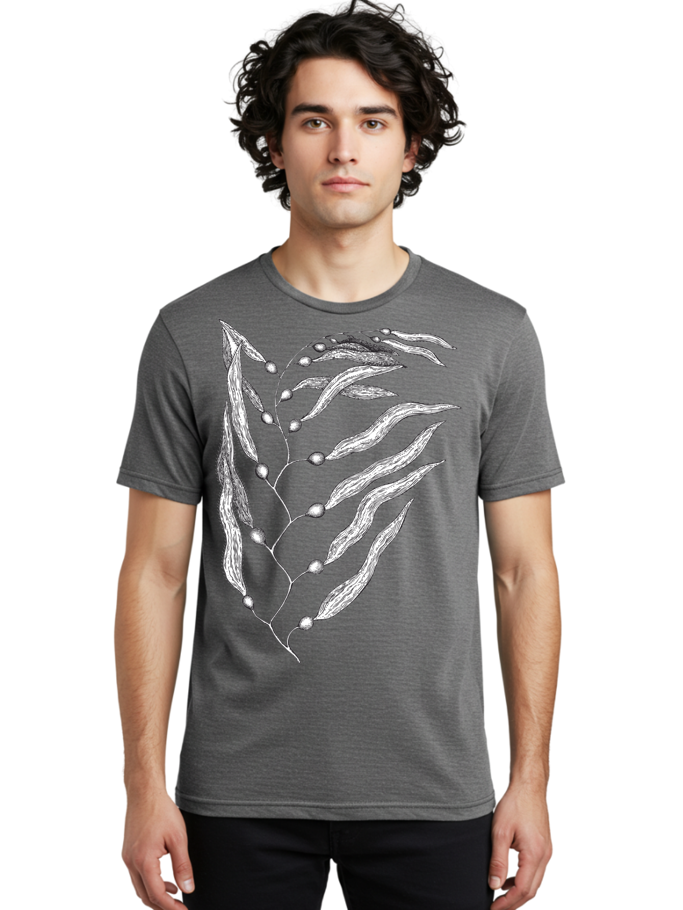 Seaweed Men'S Graphic Tee, 100% Cotton, Comfortable Casual Summer Wear, Machine Washable, Illustrated Branch With Leaves, Branch With Fruit, Foliage Illustration, Silver Leaves, Detailed Artwork, Botanical Illustration, Natural Elements, Aad754 22