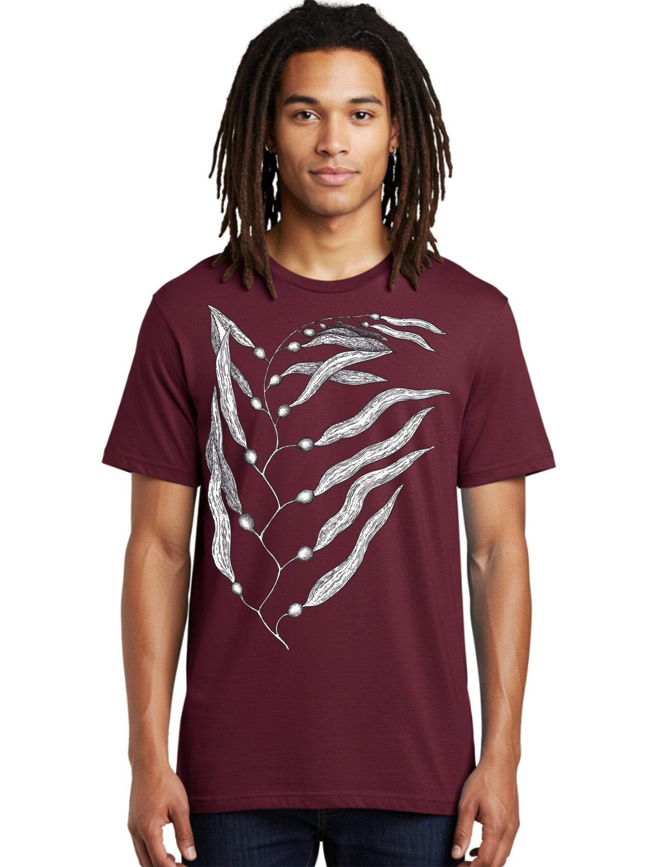 Seaweed Men'S Graphic Tee, 100% Cotton, Comfortable Casual Summer Wear, Machine Washable, Illustrated Branch With Leaves, Branch With Fruit, Foliage Illustration, Silver Leaves, Detailed Artwork, Botanical Illustration, Natural Elements, Aad754 26