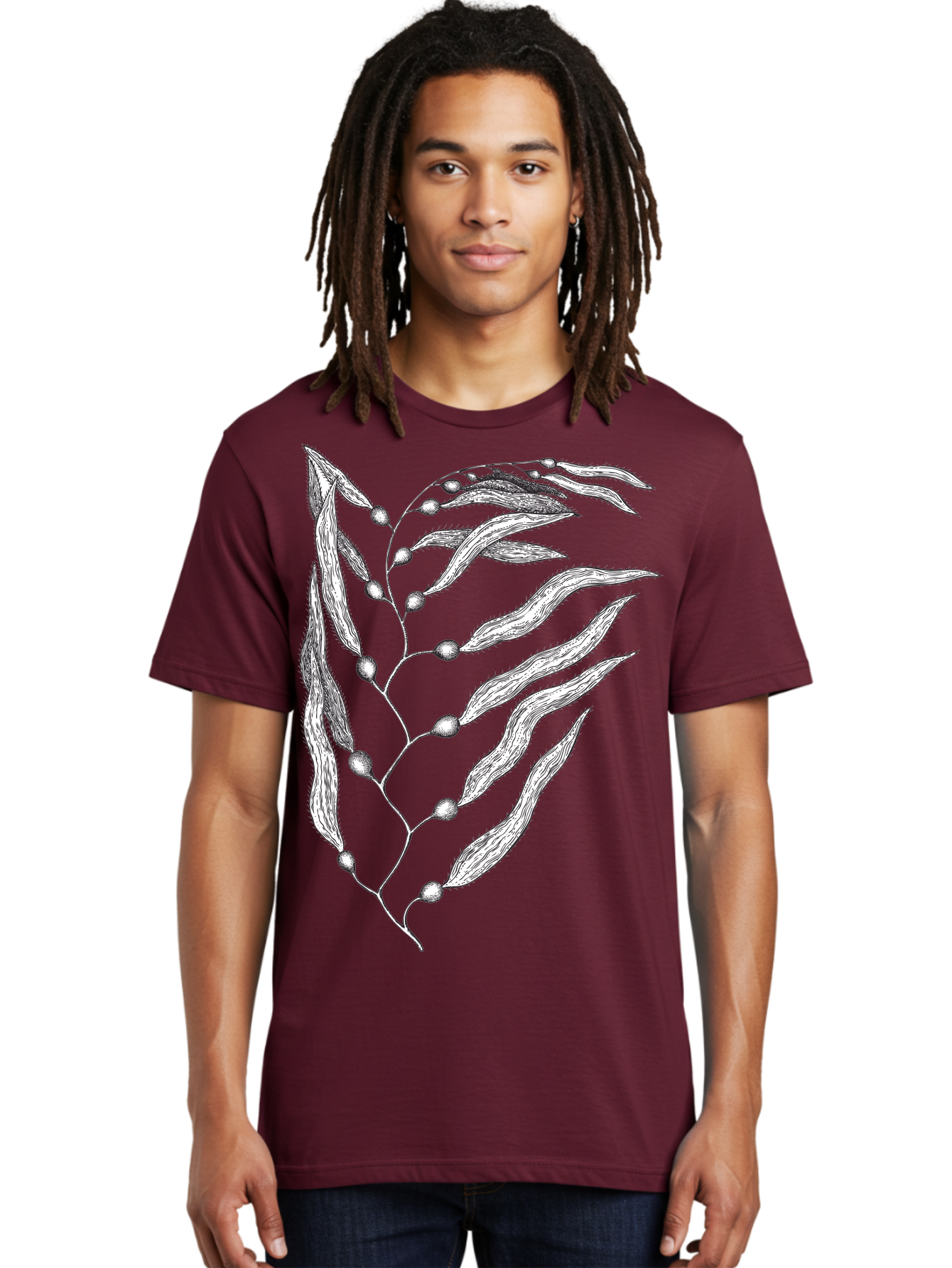 Seaweed Men'S Graphic Tee, 100% Cotton, Comfortable Casual Summer Wear, Machine Washable, Illustrated Branch With Leaves, Branch With Fruit, Foliage Illustration, Silver Leaves, Detailed Artwork, Botanical Illustration, Natural Elements, Aad754 10