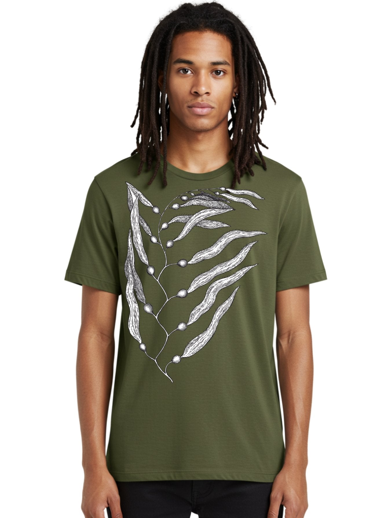 Seaweed Men'S Graphic Tee, 100% Cotton, Comfortable Casual Summer Wear, Machine Washable, Illustrated Branch With Leaves, Branch With Fruit, Foliage Illustration, Silver Leaves, Detailed Artwork, Botanical Illustration, Natural Elements, Aad754 24