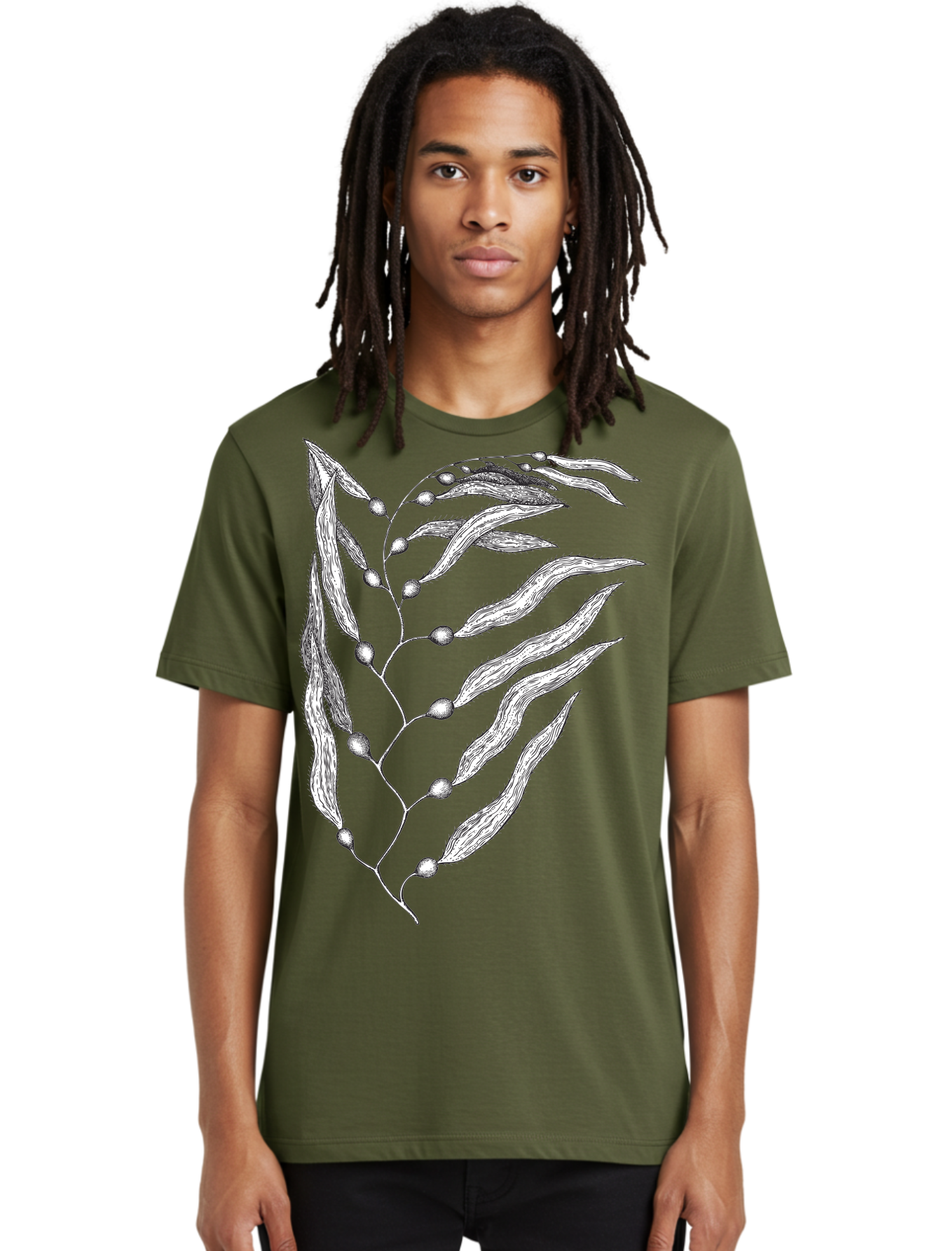Seaweed Men'S Graphic Tee, 100% Cotton, Comfortable Casual Summer Wear, Machine Washable, Illustrated Branch With Leaves, Branch With Fruit, Foliage Illustration, Silver Leaves, Detailed Artwork, Botanical Illustration, Natural Elements, Aad754 14