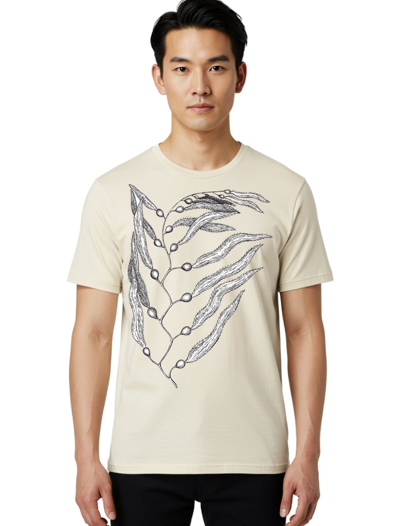 Seaweed Men'S Graphic Tee, 100% Cotton, Comfortable Casual Summer Wear, Machine Washable, Illustrated Branch With Leaves, Branch With Fruit, Foliage Illustration, Silver Leaves, Detailed Artwork, Botanical Illustration, Natural Elements, Aad754 16