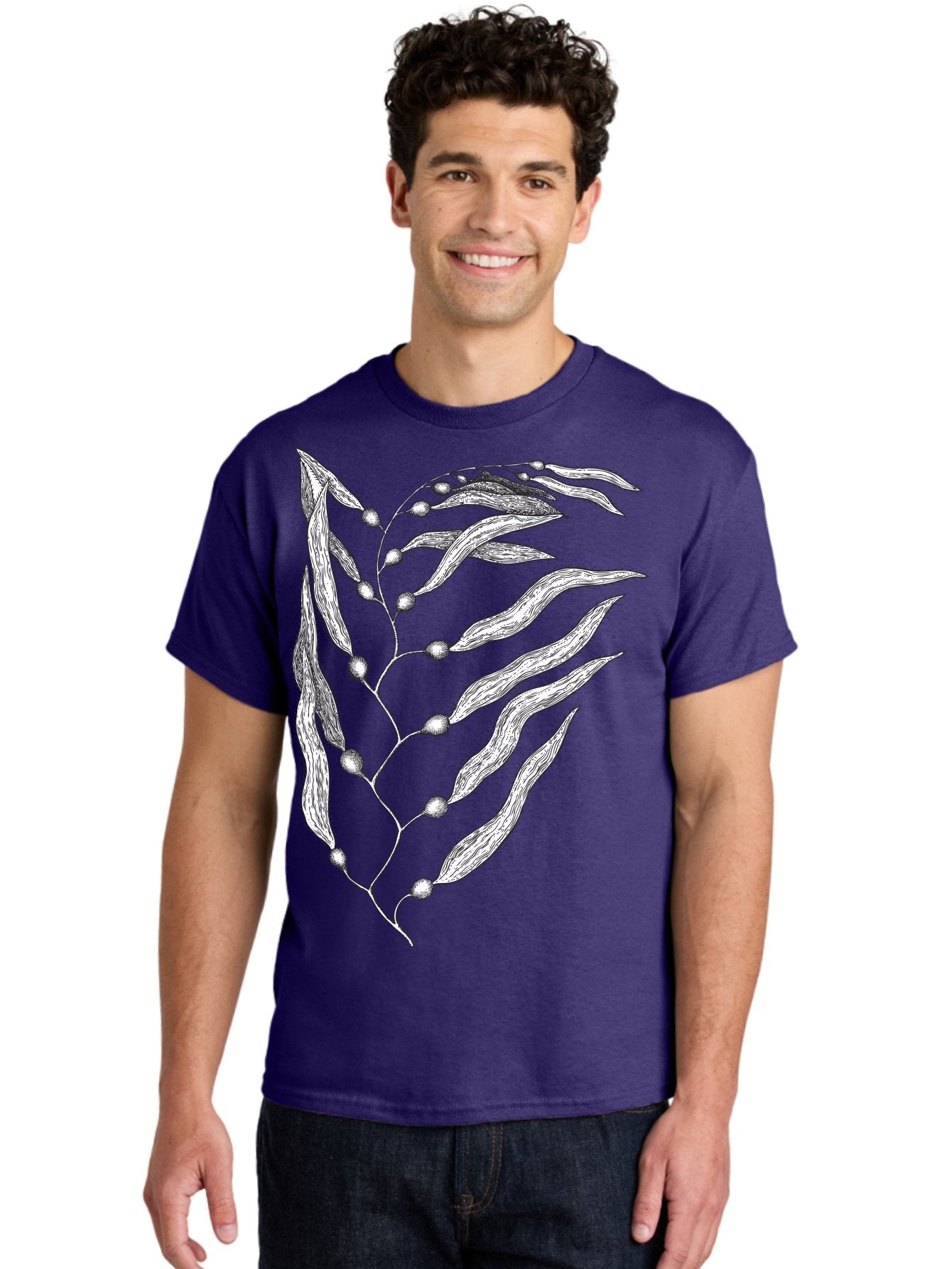 Seaweed Men'S Graphic Tee, 100% Cotton, Comfortable Casual Summer Wear, Machine Washable, Illustrated Branch With Leaves, Branch With Fruit, Foliage Illustration, Silver Leaves, Detailed Artwork, Botanical Illustration, Natural Elements, Aad754 20