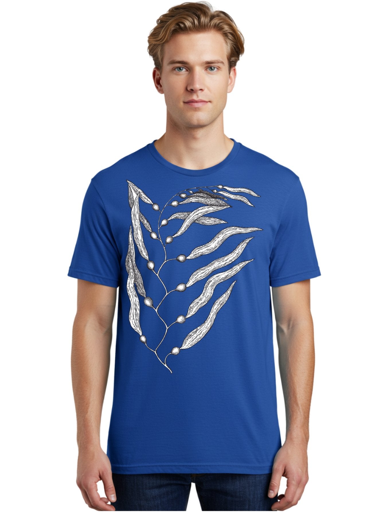 Seaweed Men'S Graphic Tee, 100% Cotton, Comfortable Casual Summer Wear, Machine Washable, Illustrated Branch With Leaves, Branch With Fruit, Foliage Illustration, Silver Leaves, Detailed Artwork, Botanical Illustration, Natural Elements, Aad754 21
