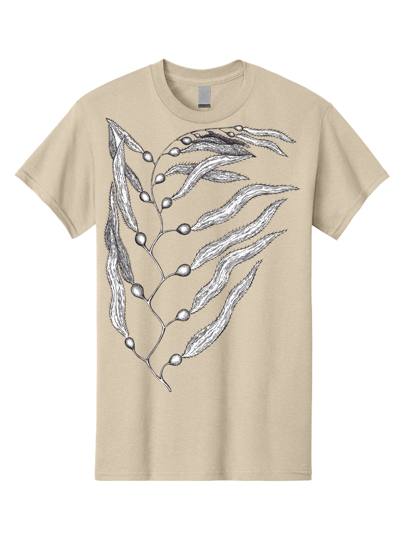 Seaweed Men'S Graphic Tee, 100% Cotton, Comfortable Casual Summer Wear, Machine Washable, Illustrated Branch With Leaves, Branch With Fruit, Foliage Illustration, Silver Leaves, Detailed Artwork, Botanical Illustration, Natural Elements, Aad754 12