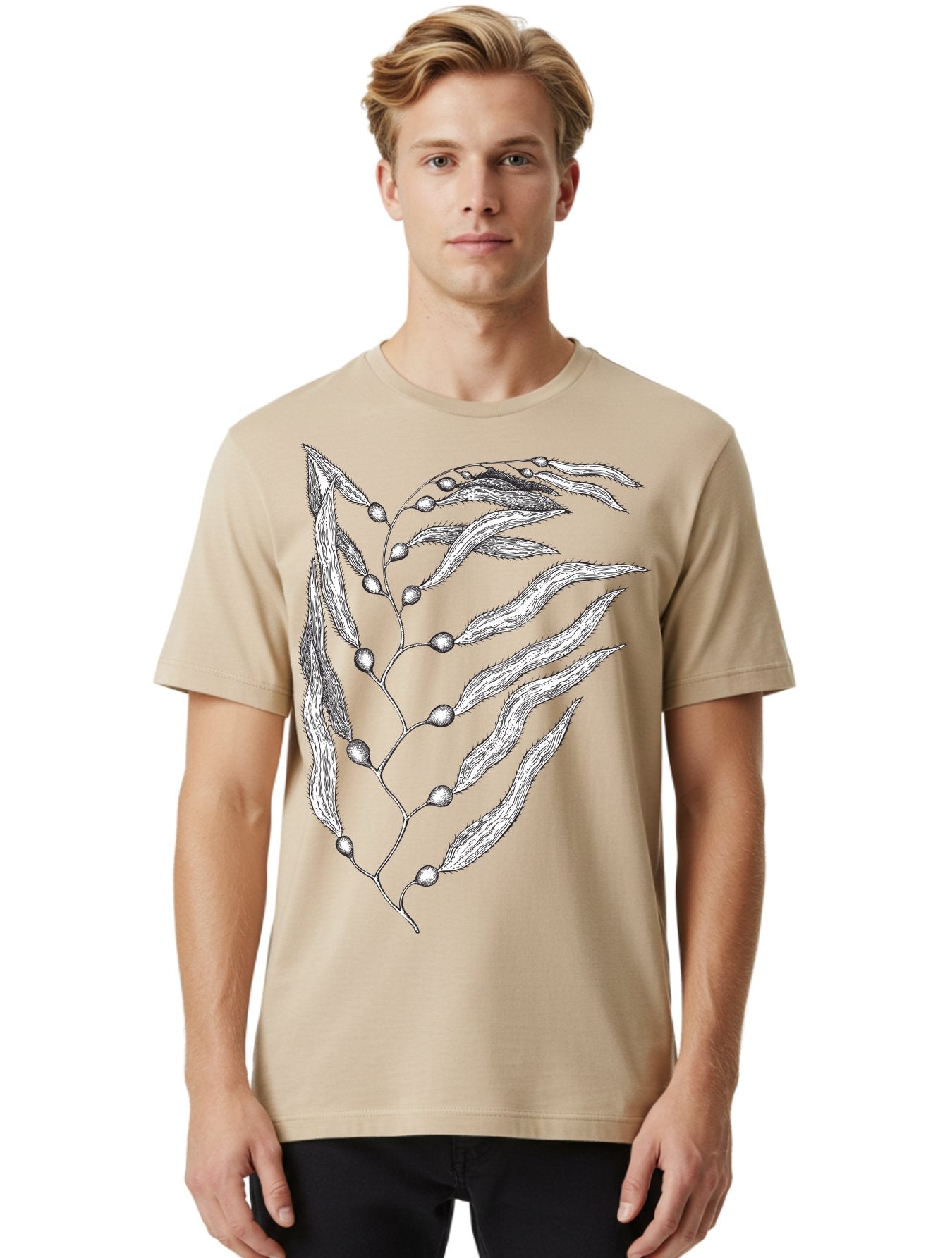 Seaweed Men'S Graphic Tee, 100% Cotton, Comfortable Casual Summer Wear, Machine Washable, Illustrated Branch With Leaves, Branch With Fruit, Foliage Illustration, Silver Leaves, Detailed Artwork, Botanical Illustration, Natural Elements, Aad754 28